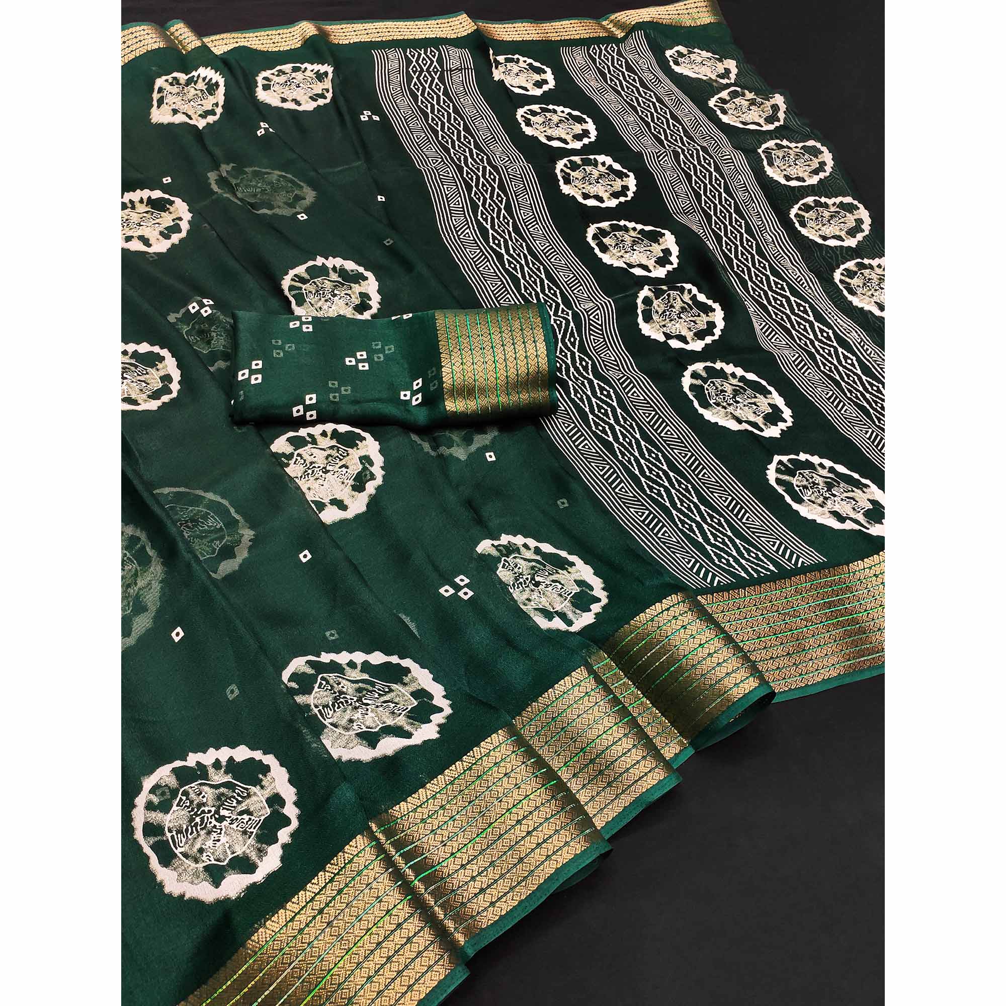 Designer Green Satin Saree with Abstract Art Print & Elegant Border Weave