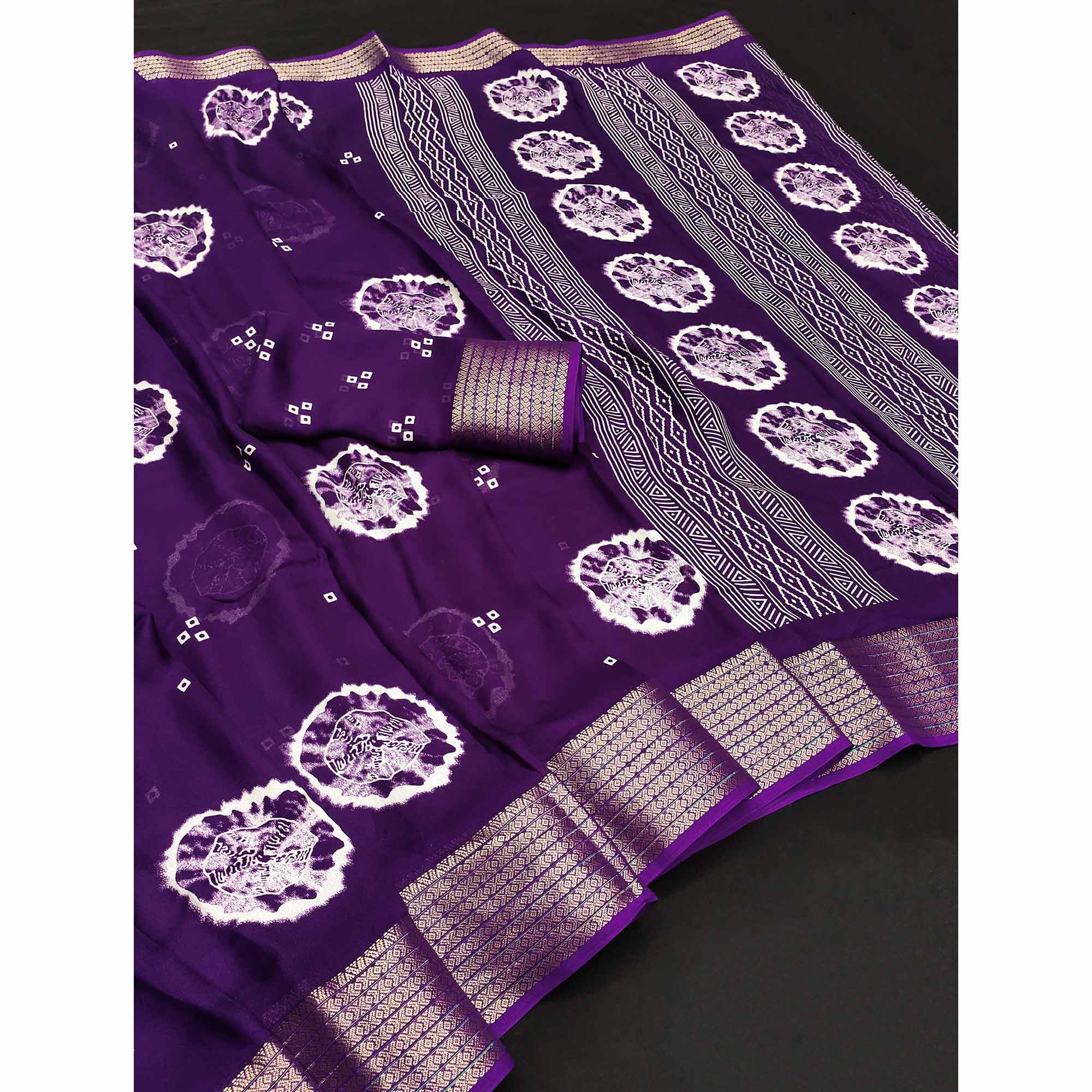 Designer Purple Satin Saree with Abstract Art Print & Elegant Border Weave