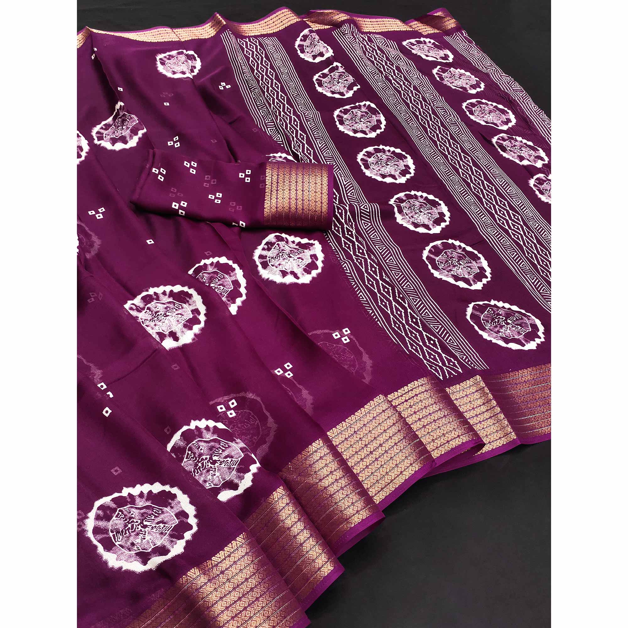 Designer Wine Satin Saree with Abstract Art Print & Elegant Border Weave