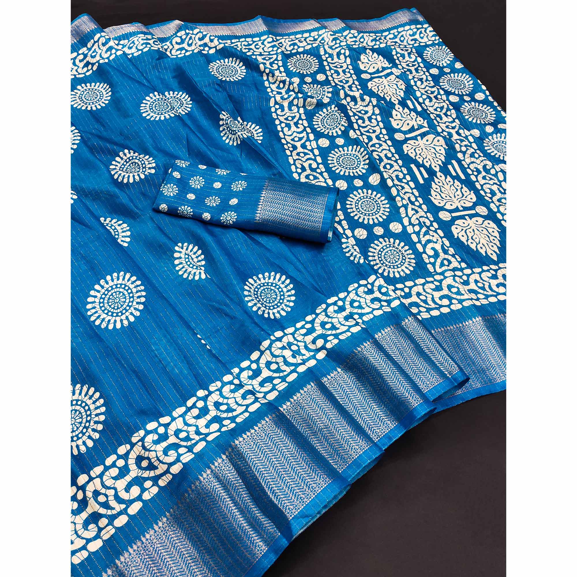 Classic Blue Dola Silk Saree Adorned with Floral Motifs & Rich Zari Work