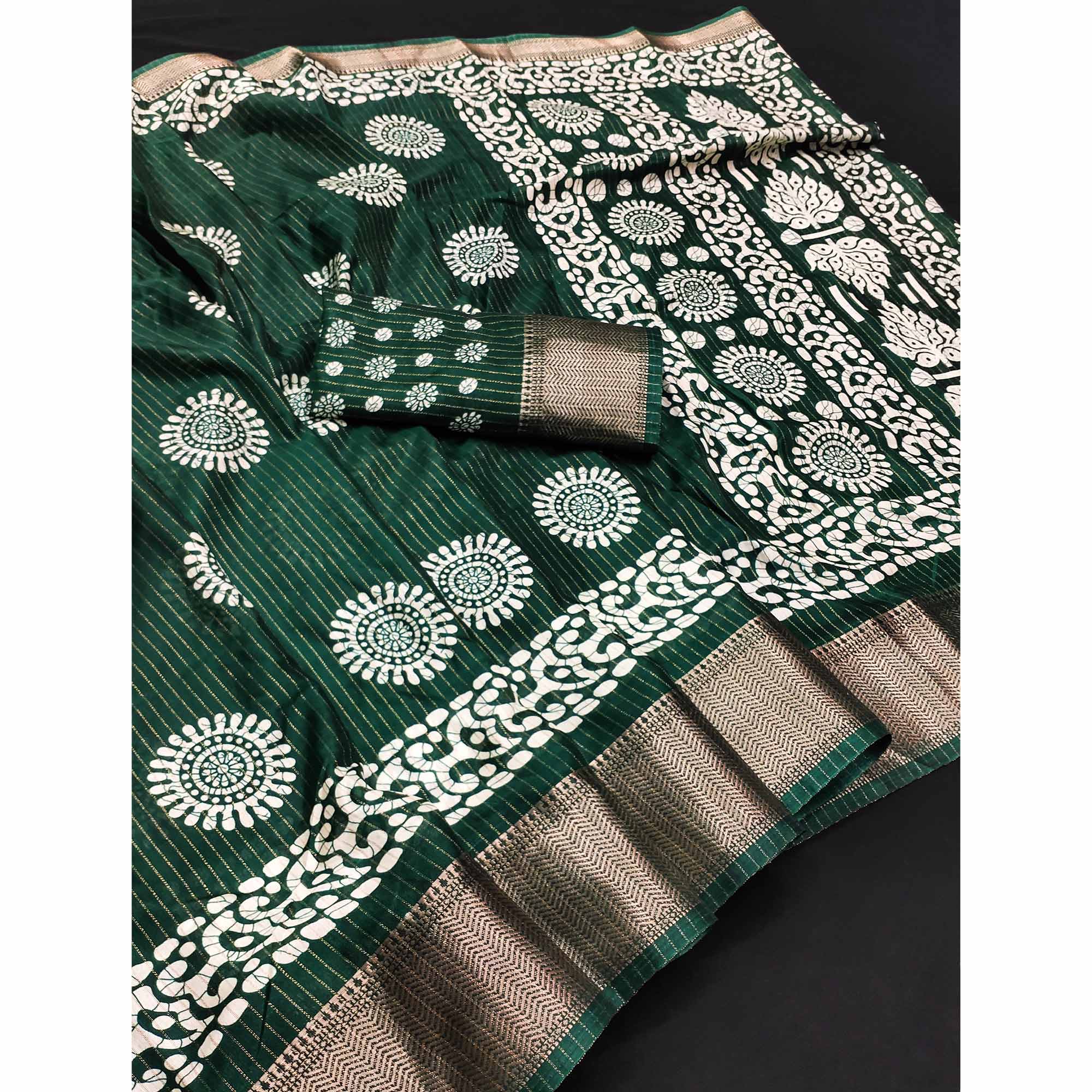 Classic Dark Green Dola Silk Saree Adorned with Floral Motifs & Rich Zari Work