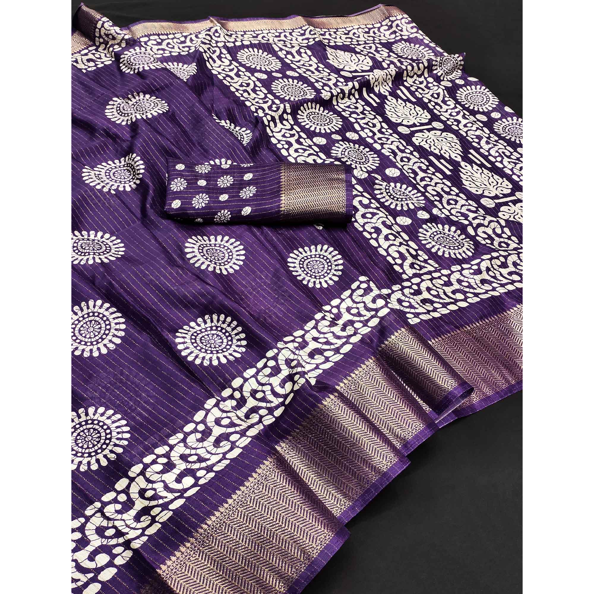Classic Deep Violet Dola Silk Saree Adorned with Floral Motifs & Rich Zari Work