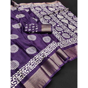 Classic Deep Violet Dola Silk Saree Adorned with Floral Motifs & Rich Zari Work