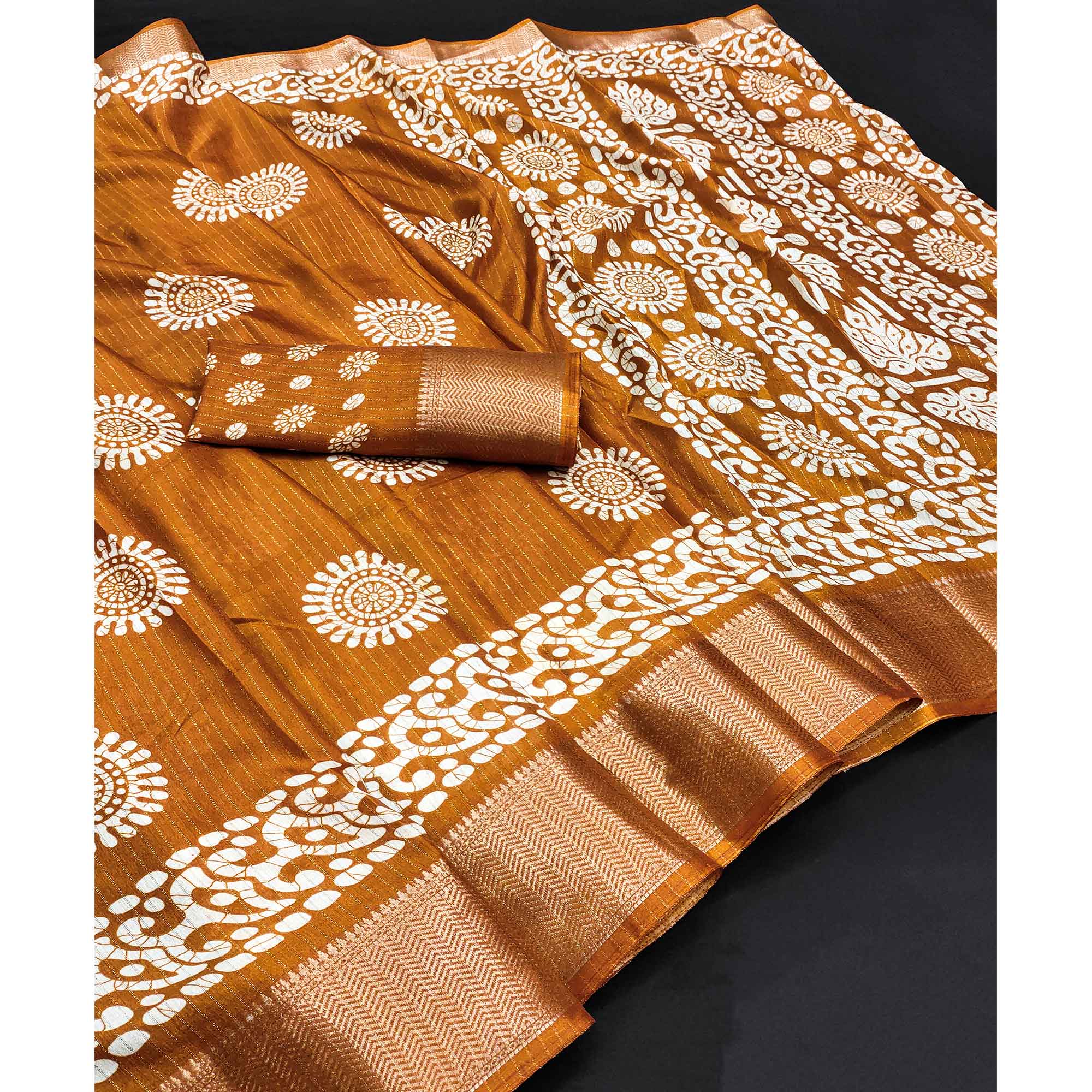 Classic Mustard Dola Silk Saree Adorned with Floral Motifs & Rich Zari Work