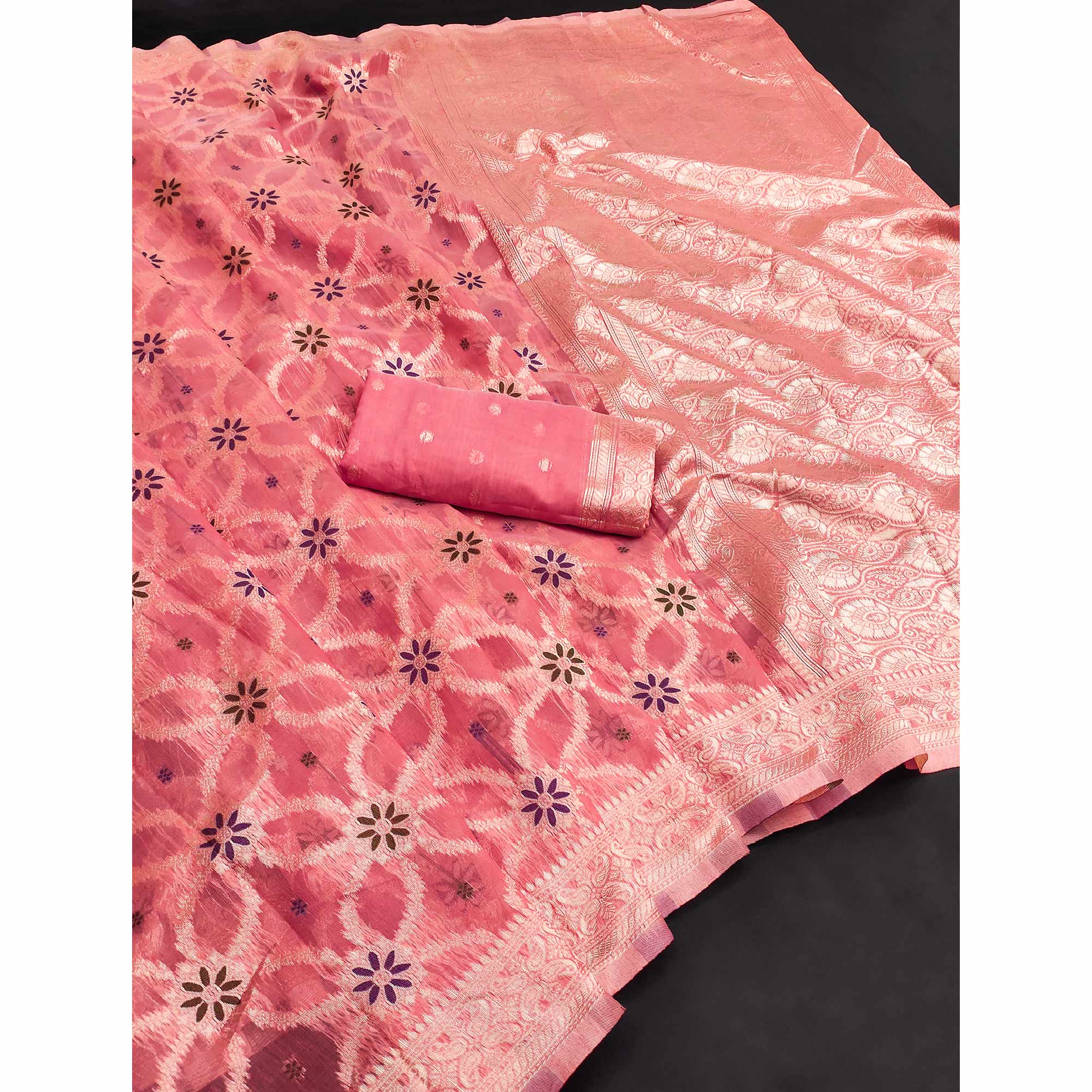 Rich Gajri Pink Saree in Banarasi Silk with Heritage Floral Zari Design