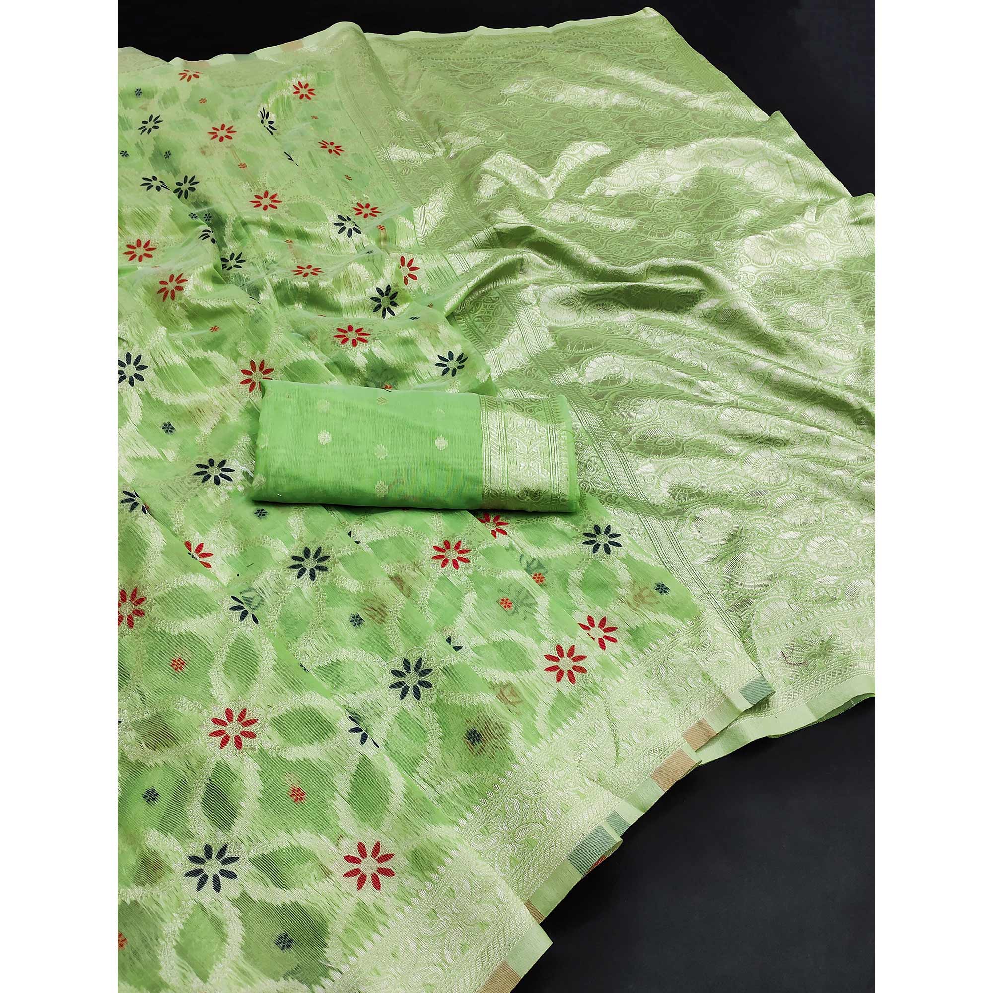 Rich Light Green Saree in Banarasi Silk with Heritage Floral Zari Design