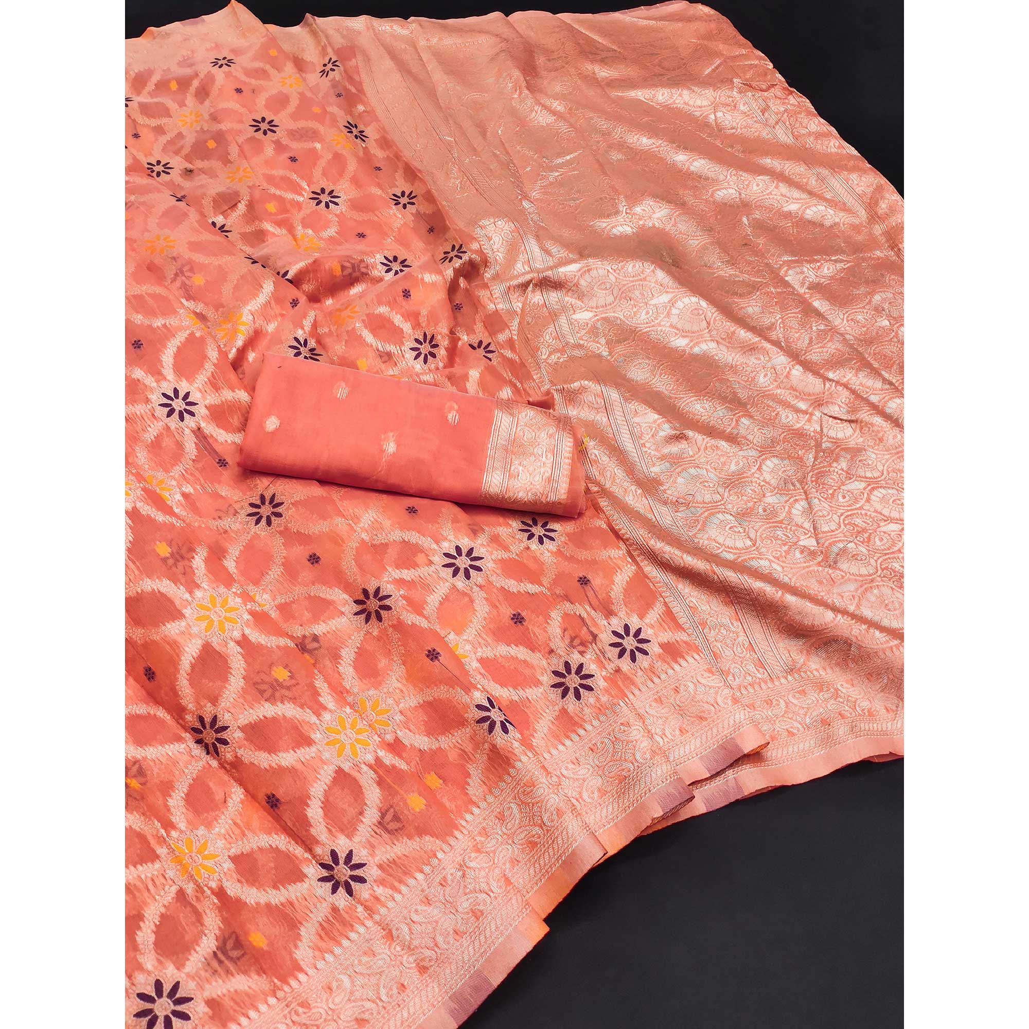 Rich Peach Saree in Banarasi Silk with Heritage Floral Zari Design