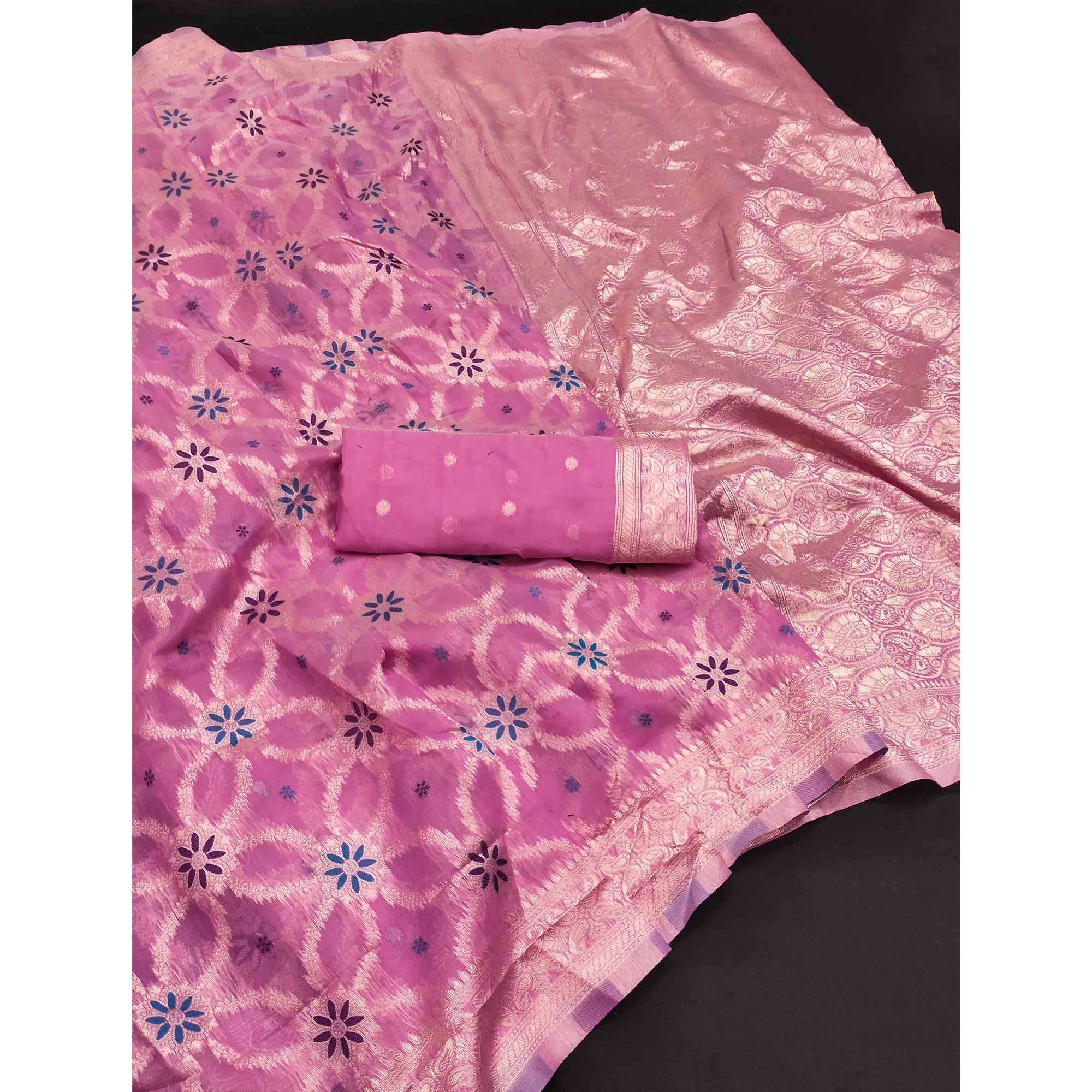 Rich Pink Saree in Banarasi Silk with Heritage Floral Zari Design