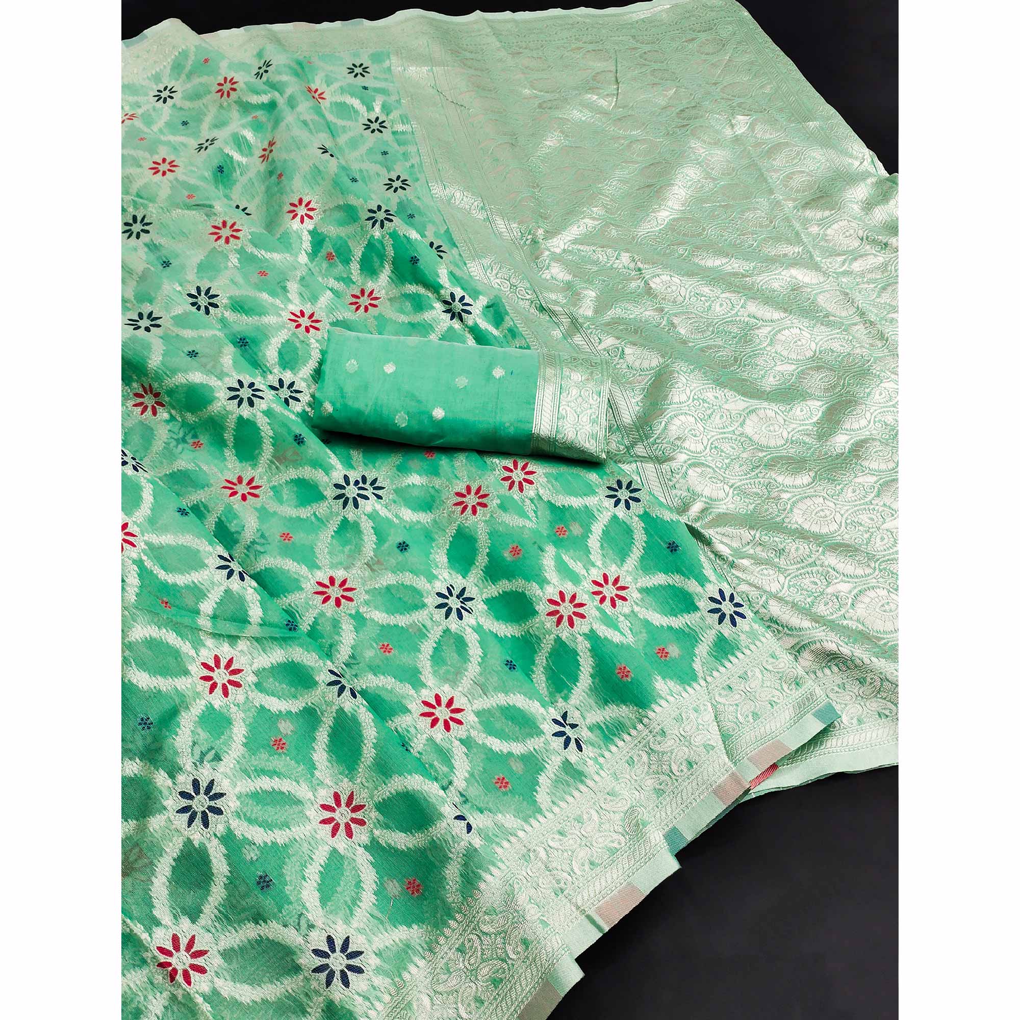 Rich Sea Green Saree in Banarasi Silk with Heritage Floral Zari Design