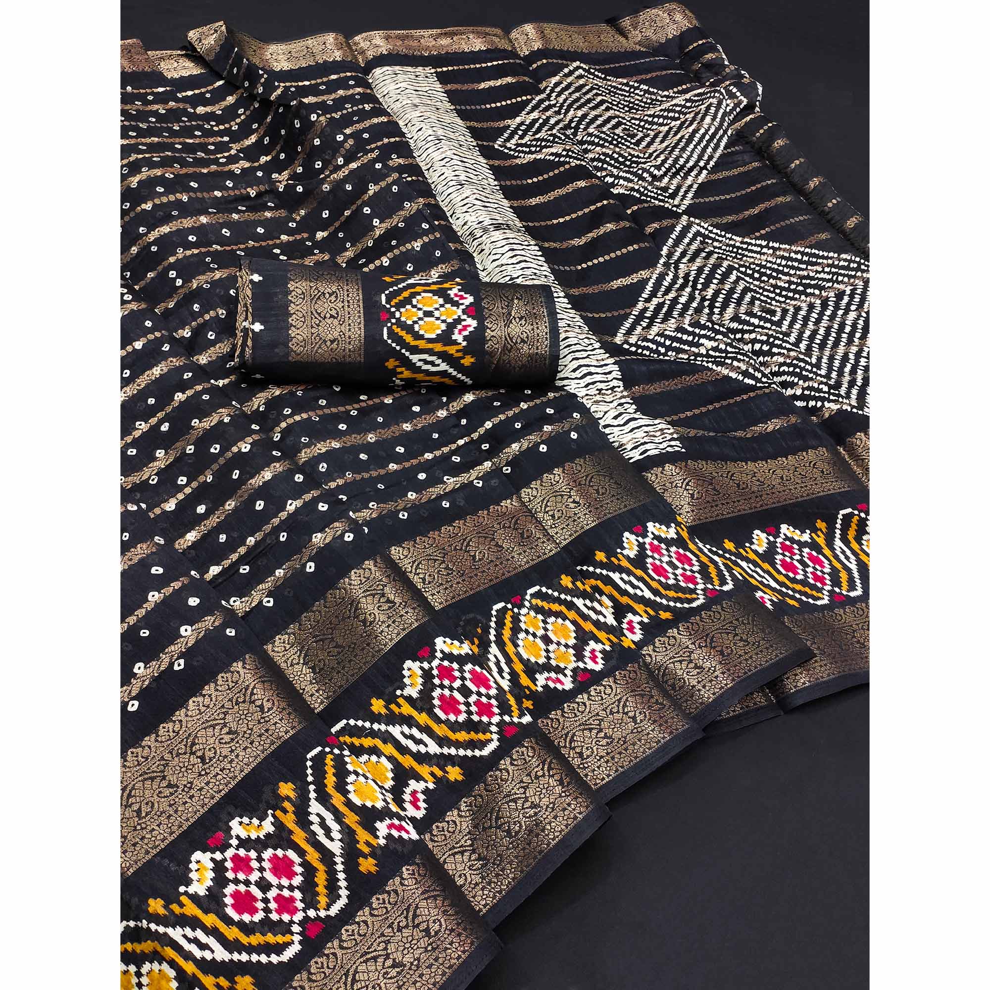 Black Bandhani Printed Dola Silk Saree Enhanced With Fine Weaving Accents