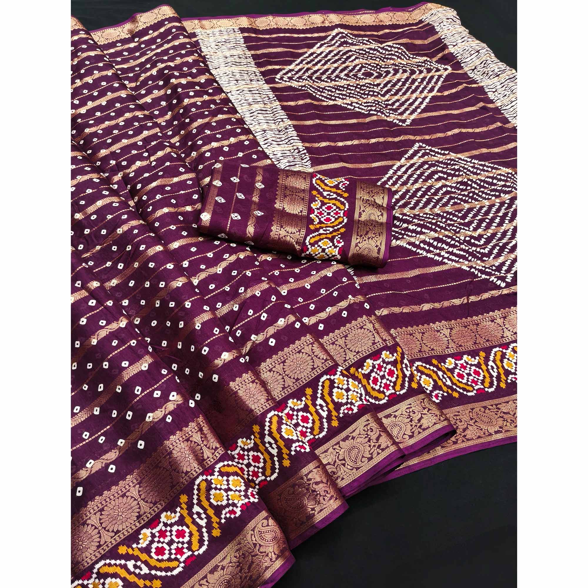 Deep Purple Bandhani Printed Dola Silk Saree Enhanced With Fine Weaving Accents
