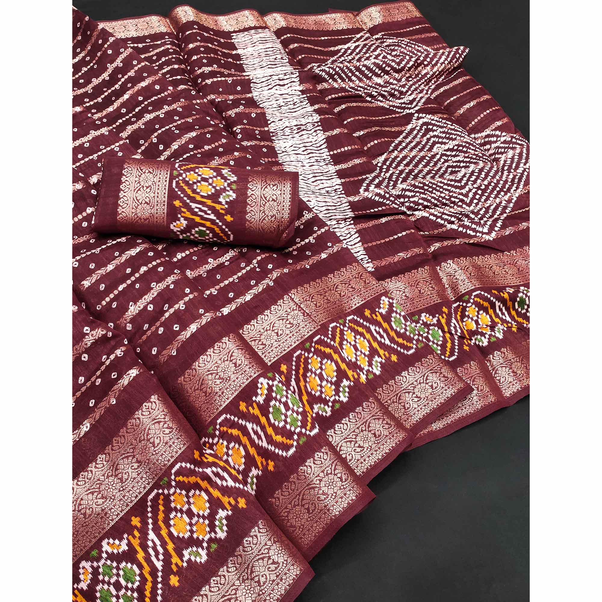 Maroon Bandhani Printed Dola Silk Saree Enhanced With Fine Weaving Accents