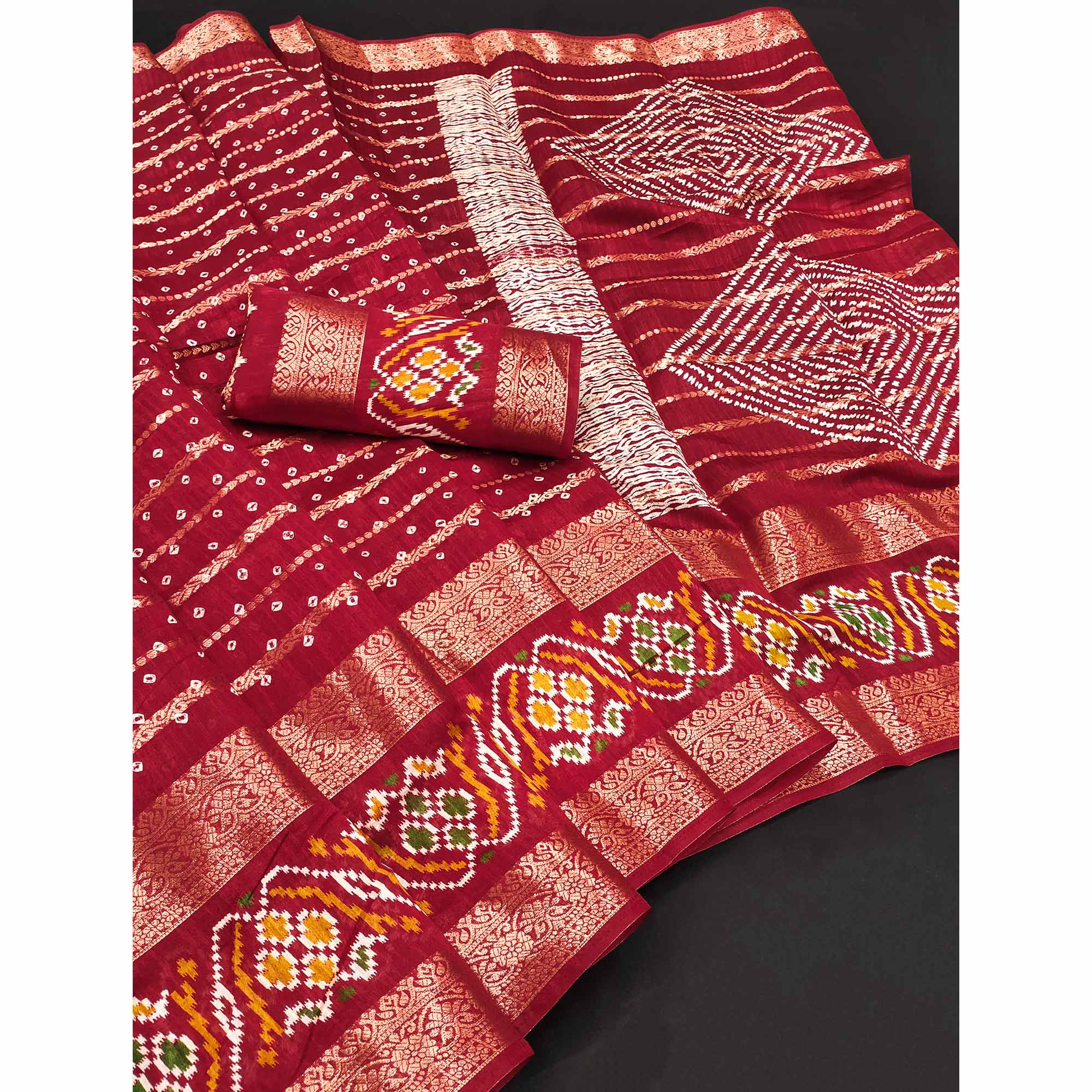 Red Bandhani Printed Dola Silk Saree Enhanced With Fine Weaving Accents