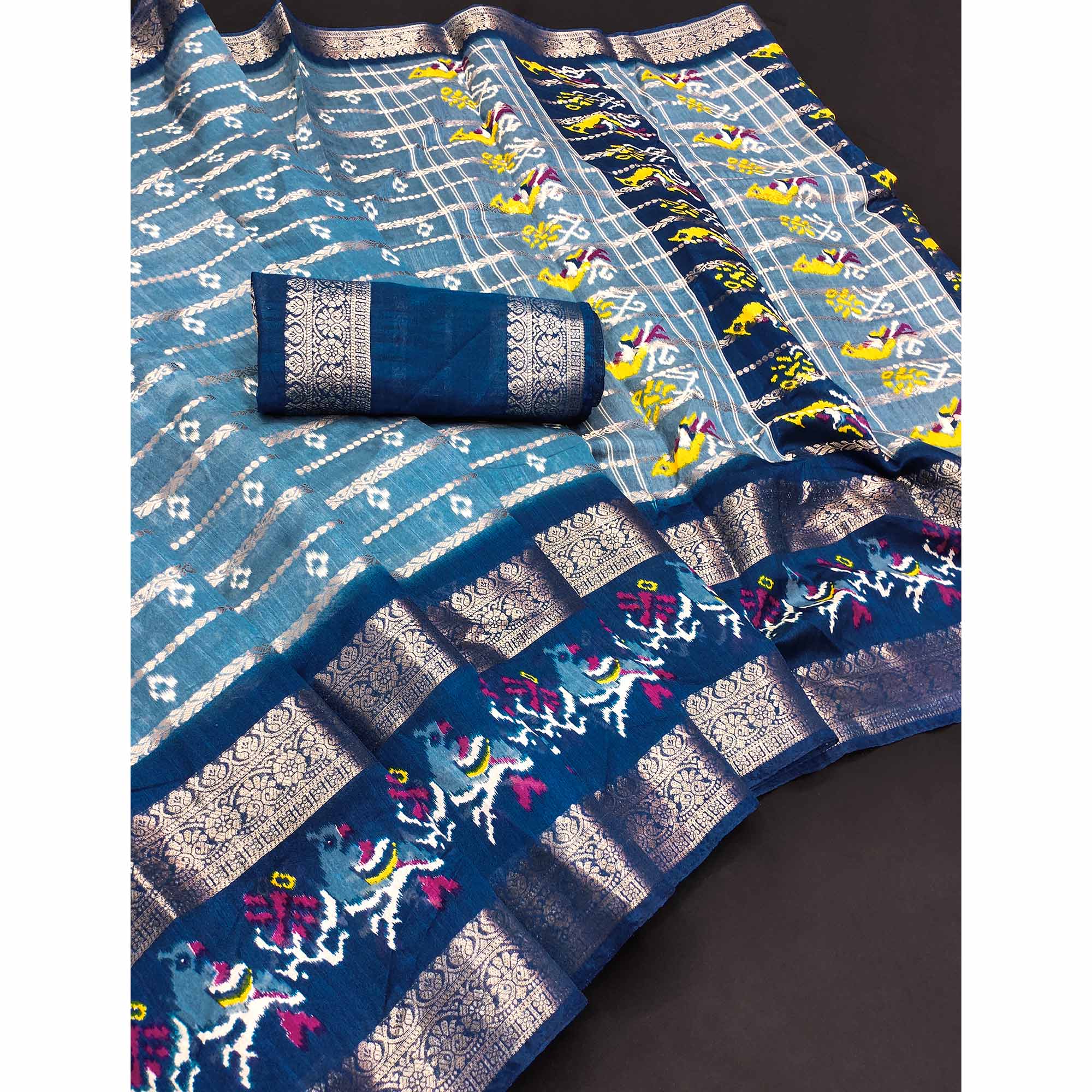 Blue Ikkat Printed Dola Silk Saree With Elegant Weaving Work