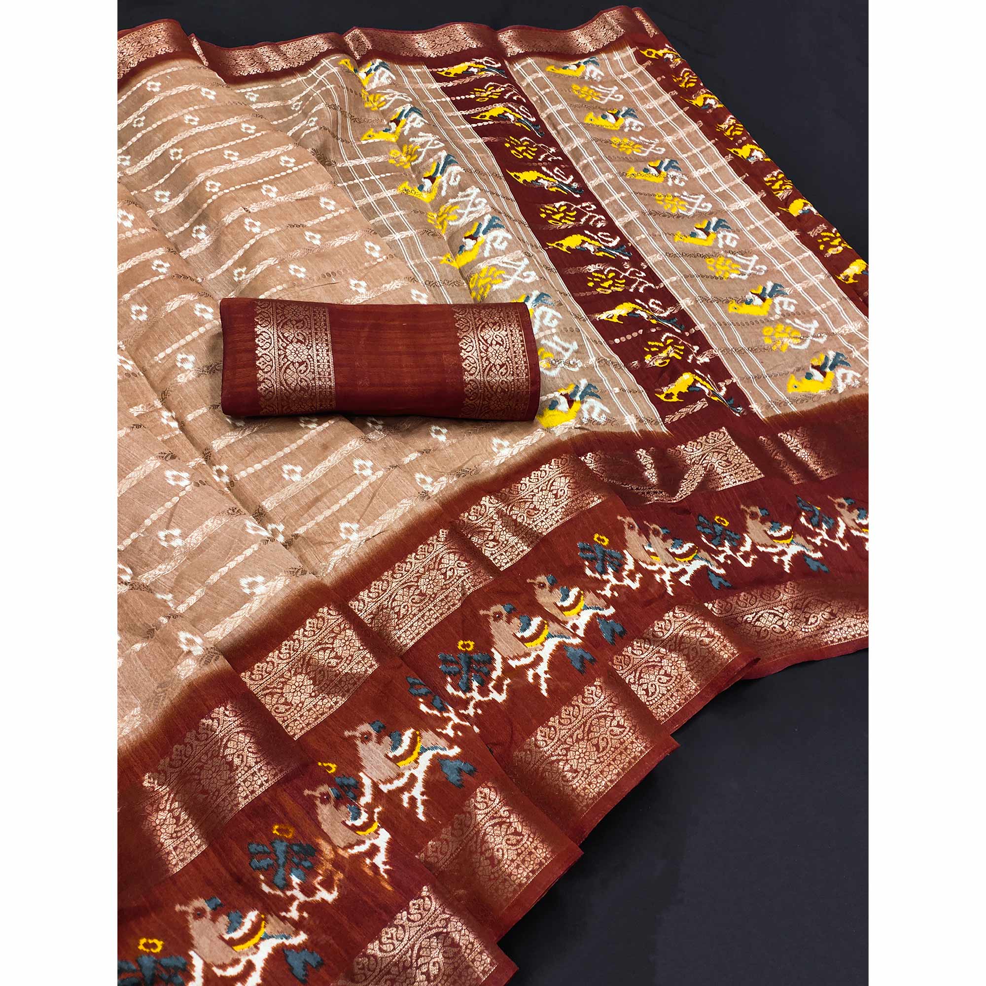 Chikoo Ikkat Printed Dola Silk Saree With Elegant Weaving Work