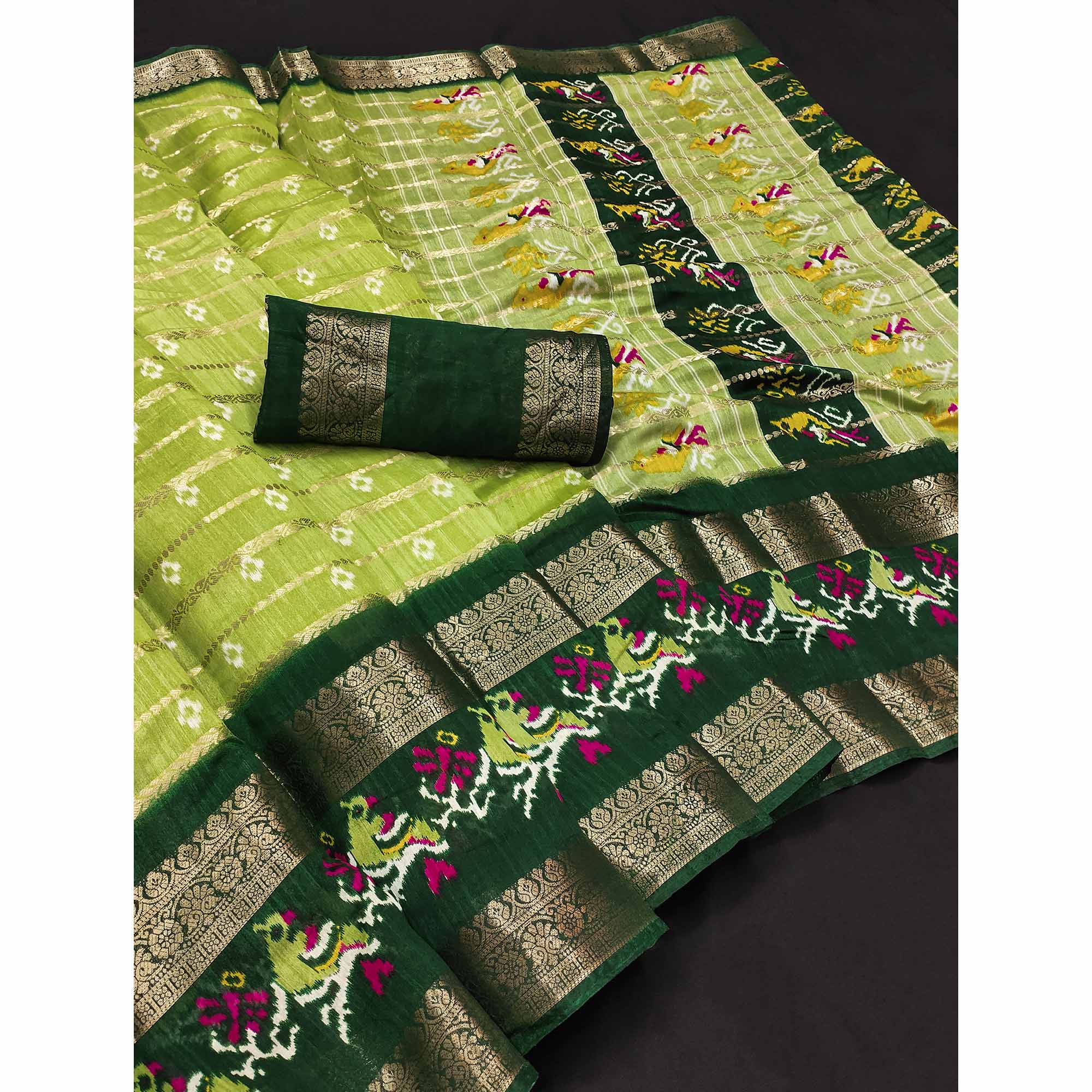 Green Ikkat Printed Dola Silk Saree With Elegant Weaving Work