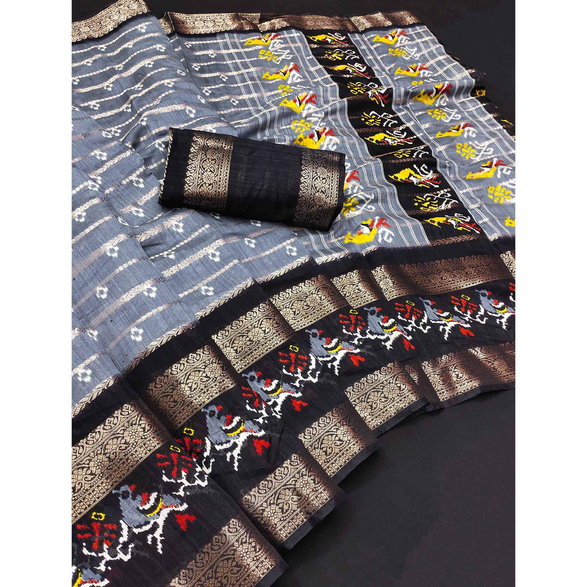Grey & Black Ikkat Printed Dola Silk Saree With Elegant Weaving Work
