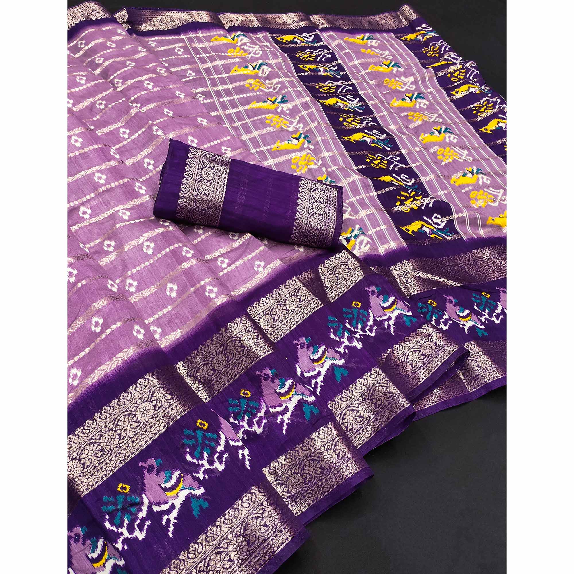 Lilac Purple Ikkat Printed Dola Silk Saree With Elegant Weaving Work