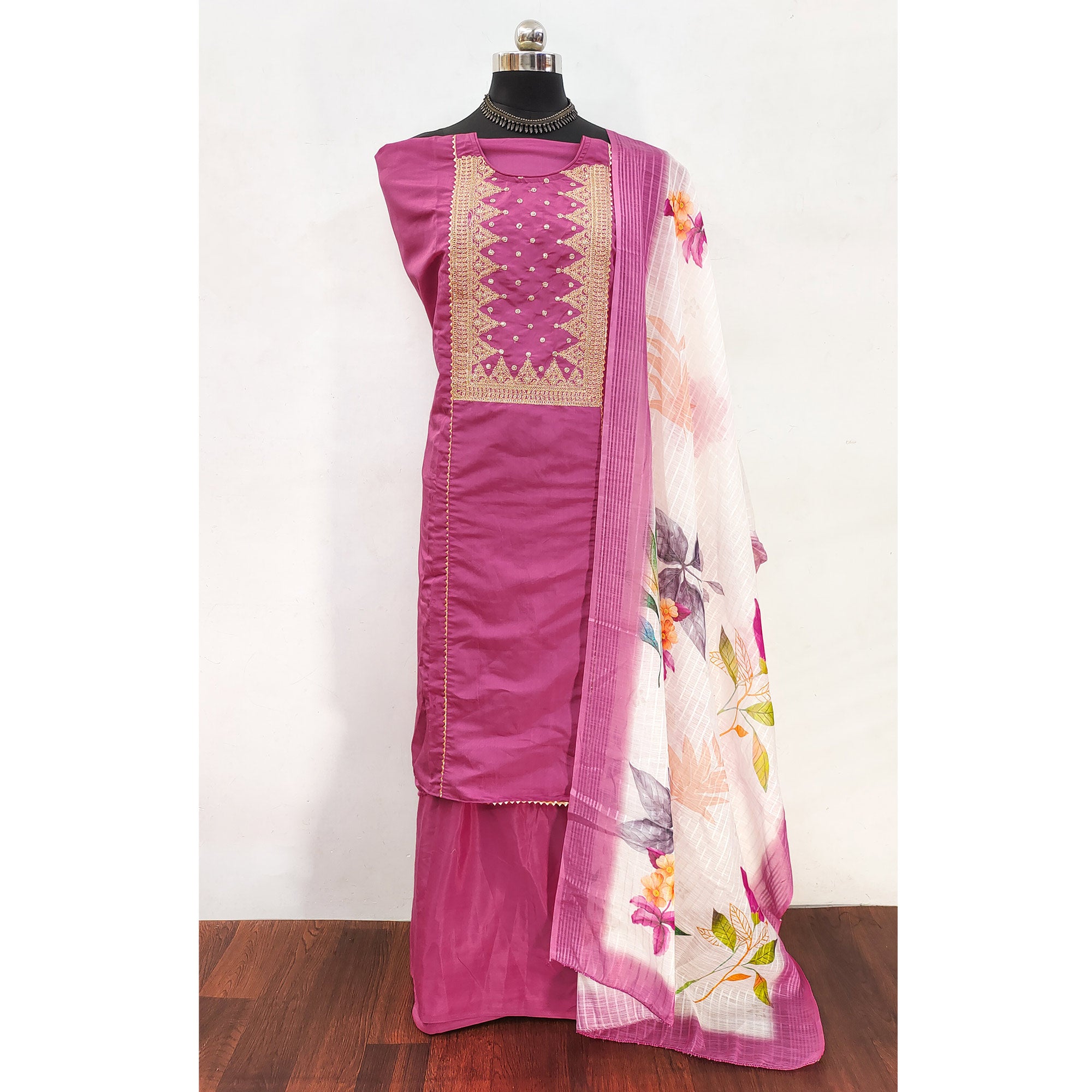 Dusty Pink Golden Thread Embroidered On Viscose Dress Material