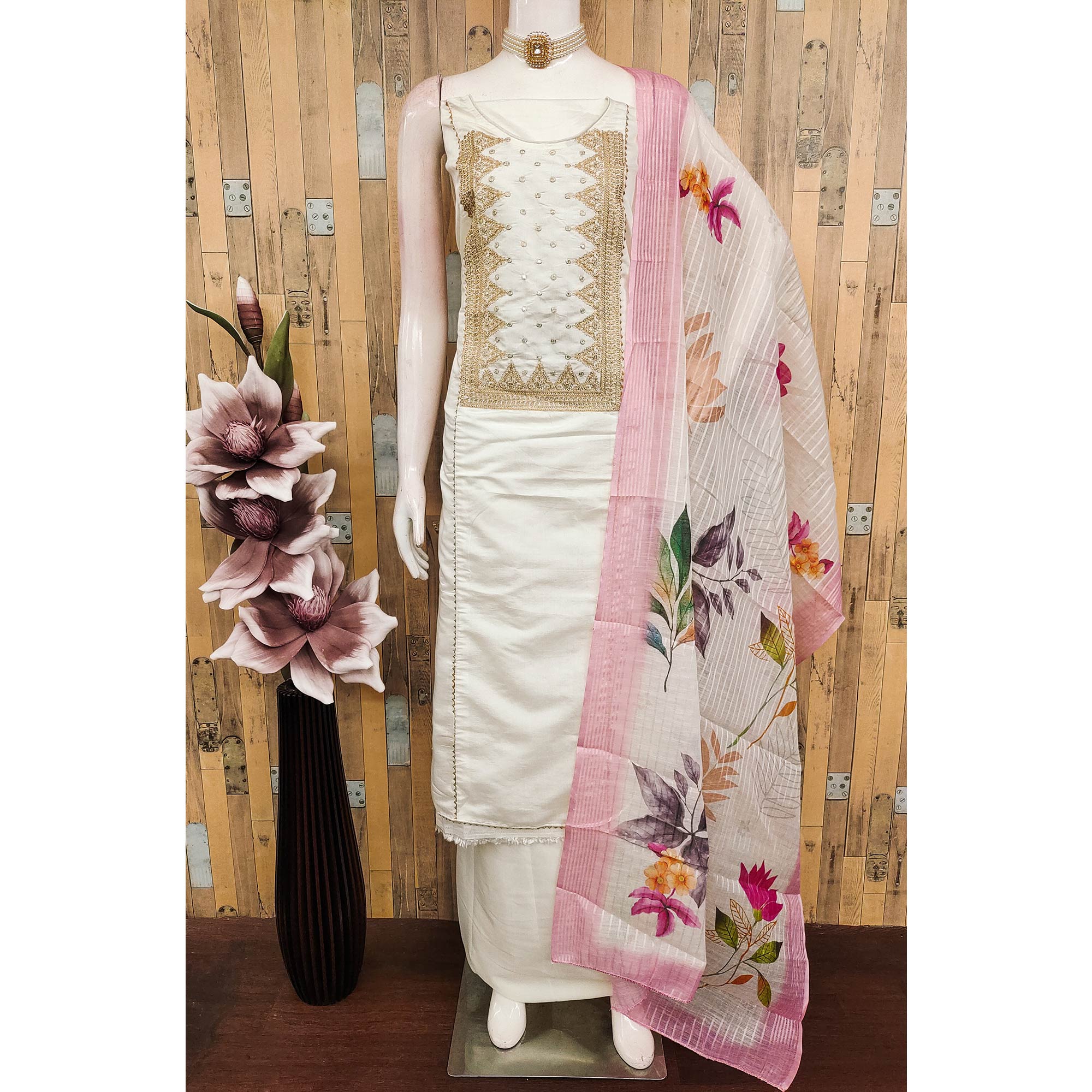 Off White Golden Thread Embroidered Viscose Dress Material