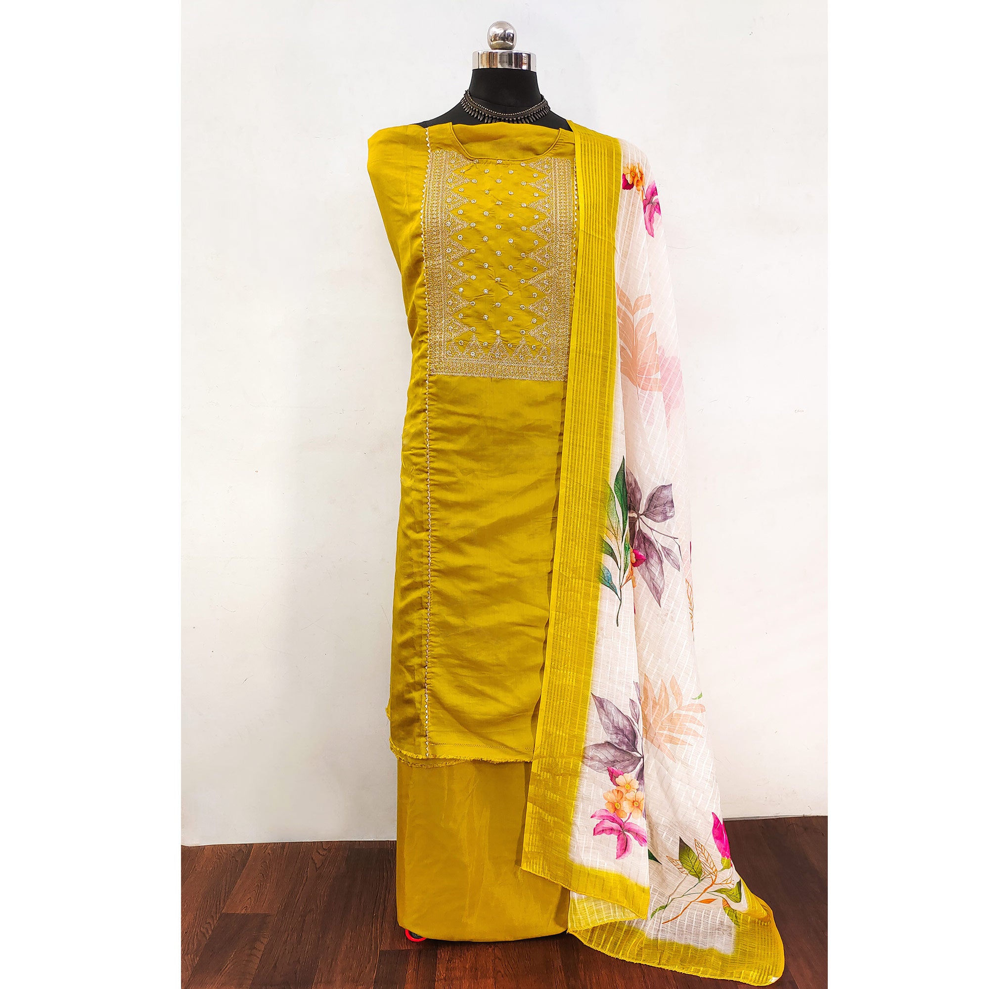Yellow Golden Thread Embroidered On Viscose Dress Material