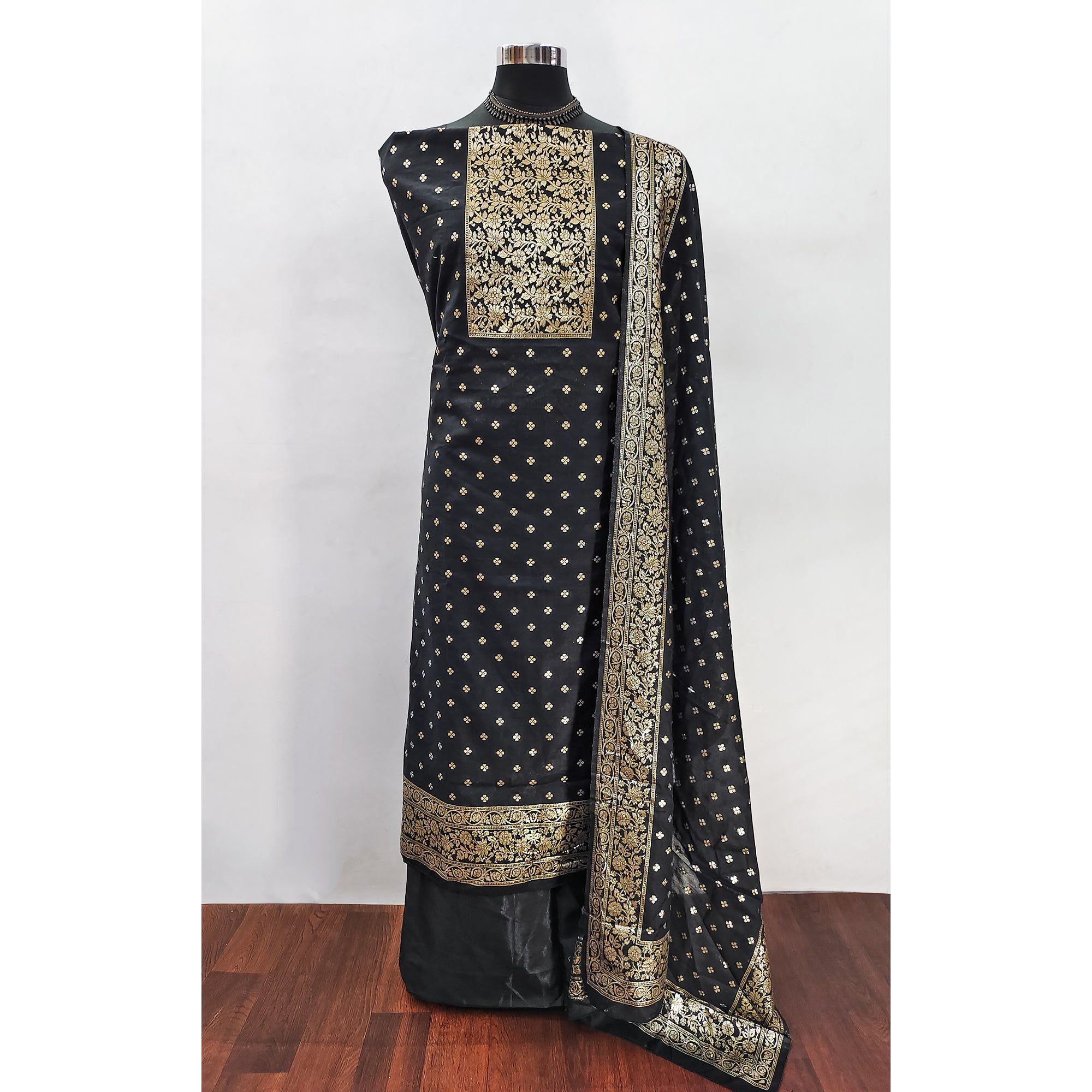 Classic Black Floral Zari Weaving Dress Material In Banarasi Silk