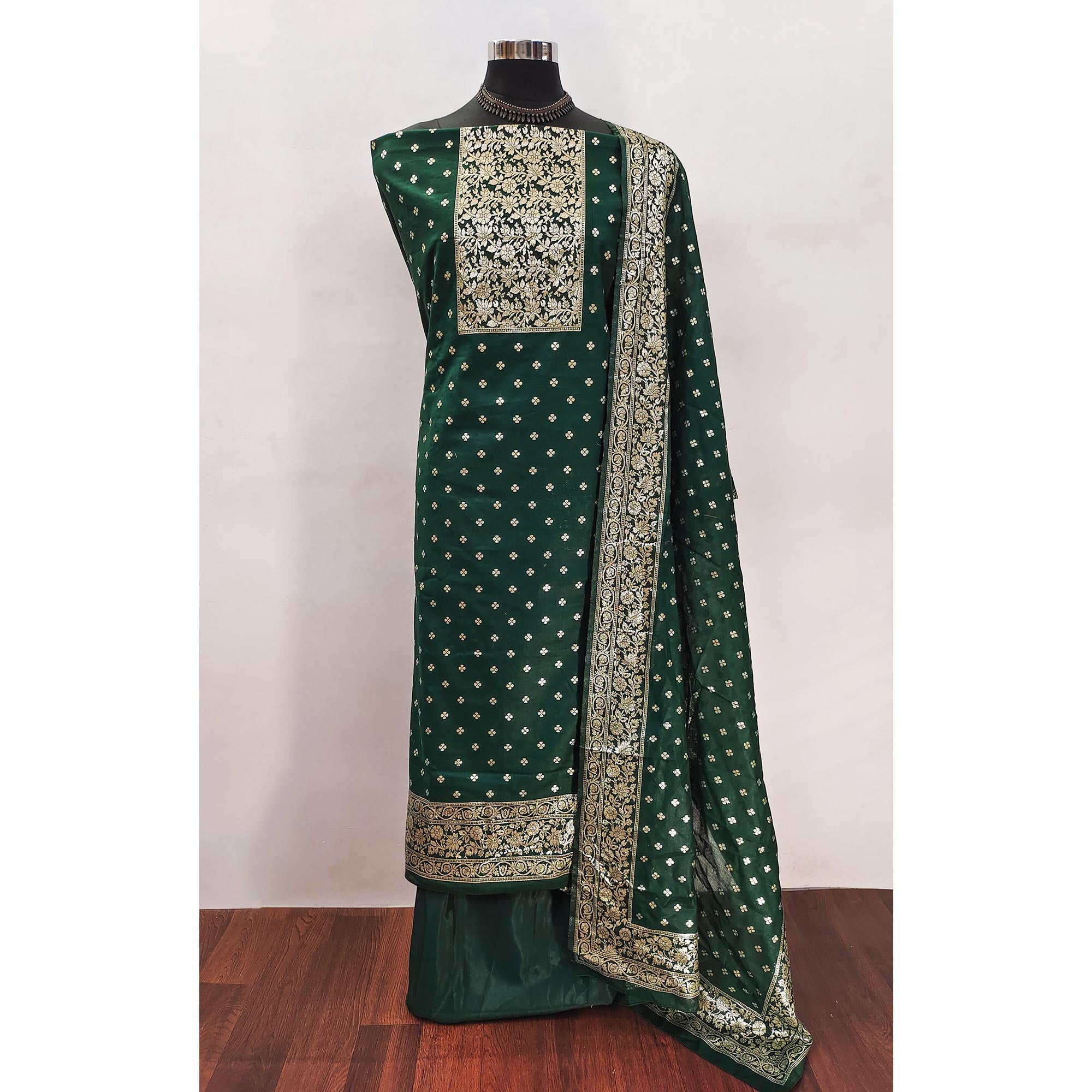 Luxurious Green Banarasi Silk With Floral Zari Weaving Work Dress Material