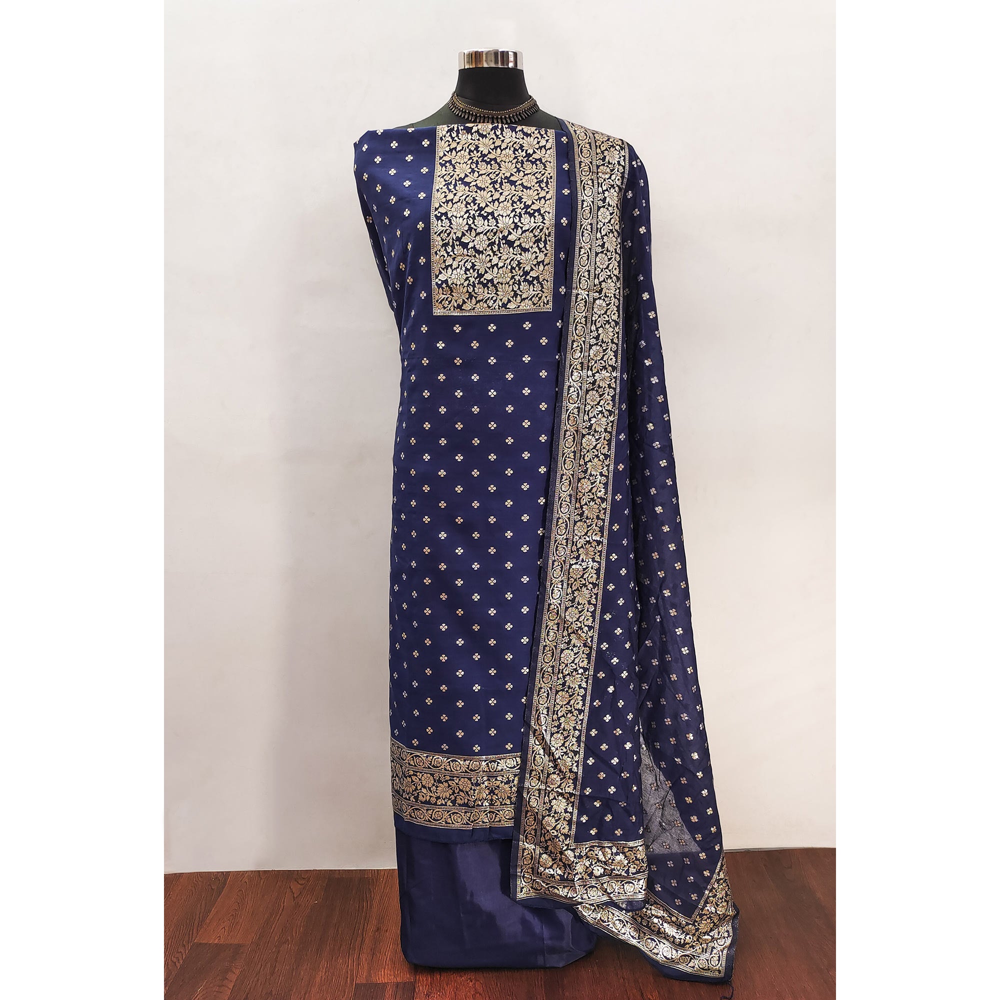 Ornate Navy Blue Banarasi Silk With Floral Zari Weaving Work Dress Material