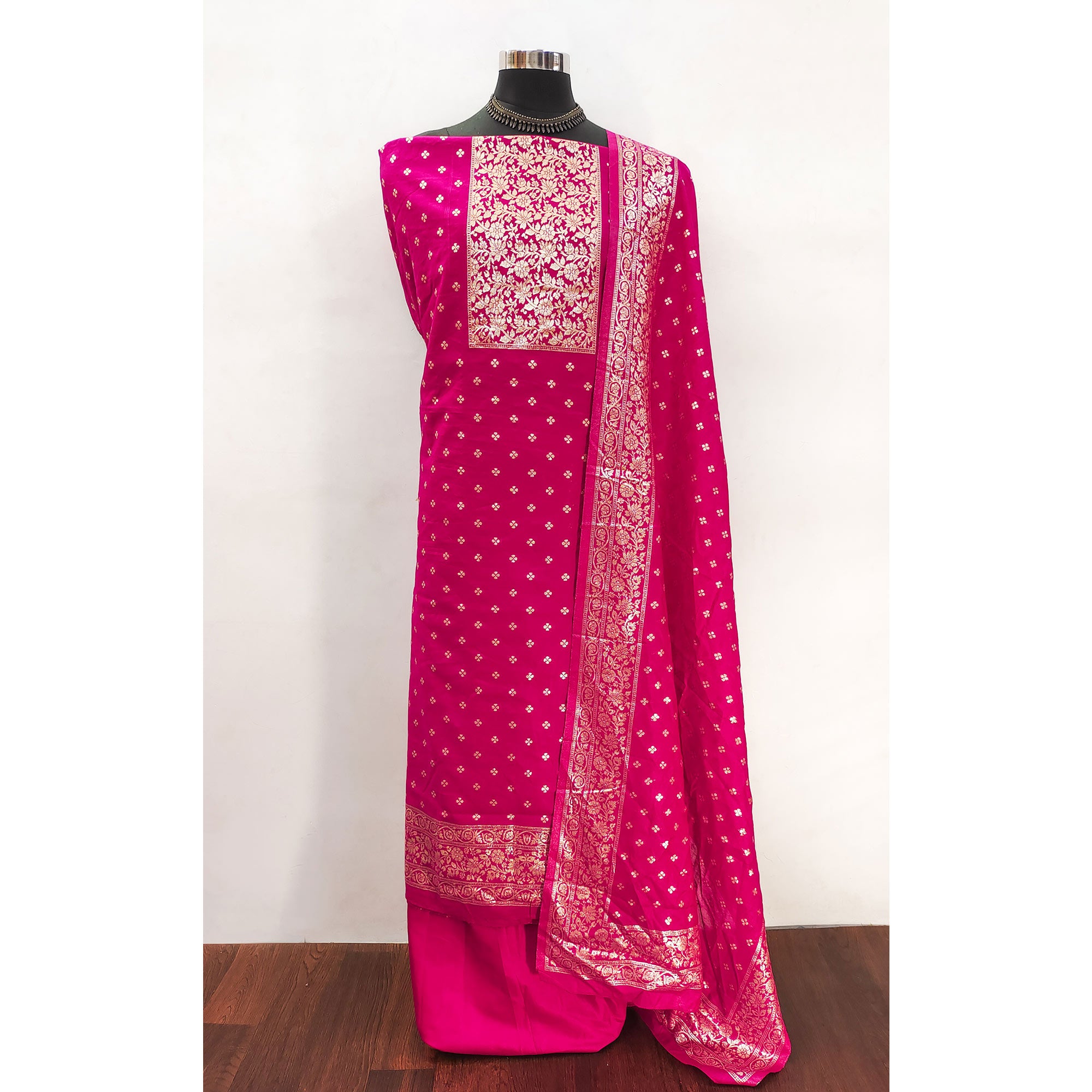 Regal Rani Pink Banarasi Silk With Floral Zari Weaving Work Dress Material