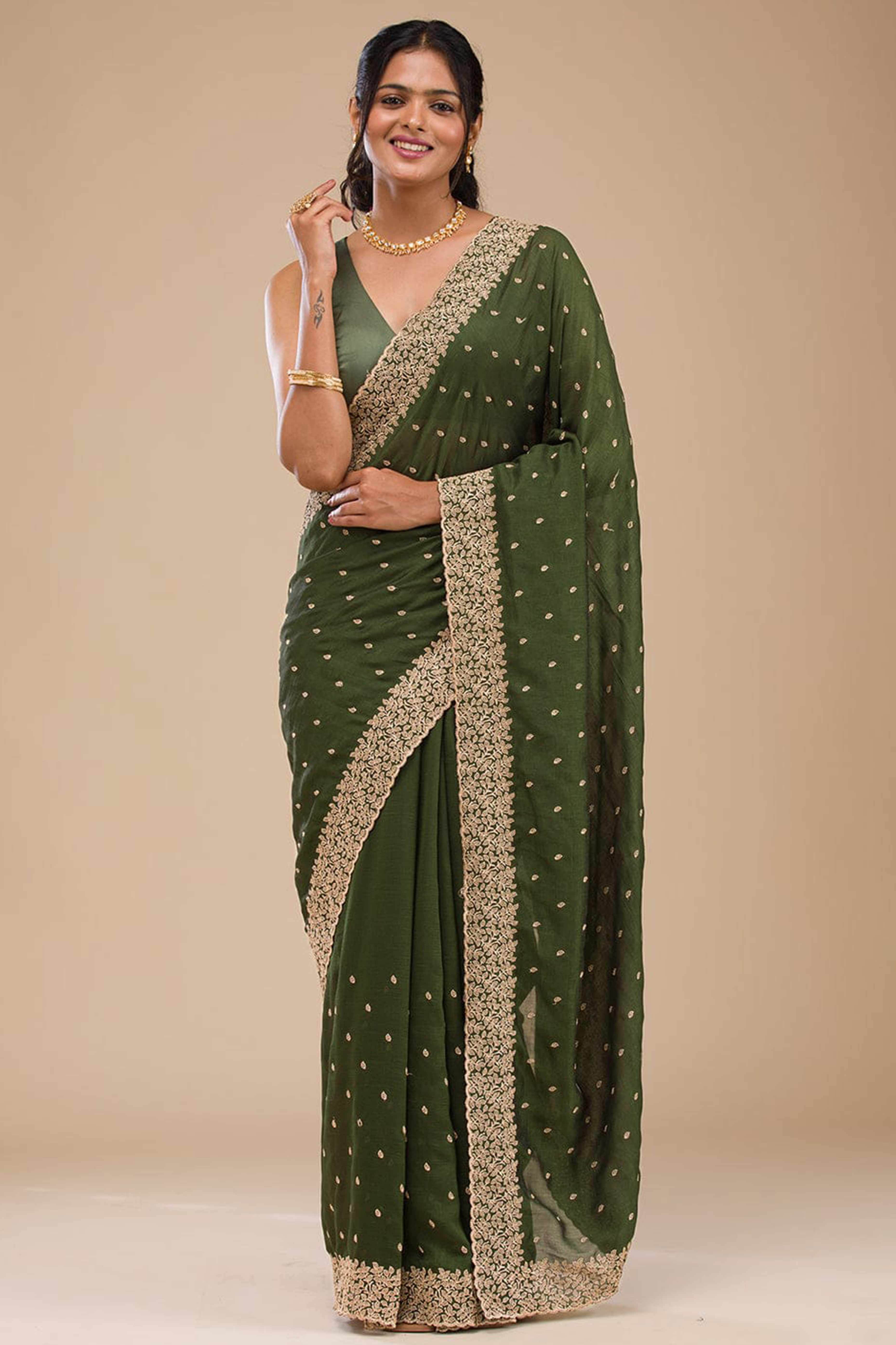 Sophisticated Green Saree in Vichitra Silk with All-Over Floral Embroidered