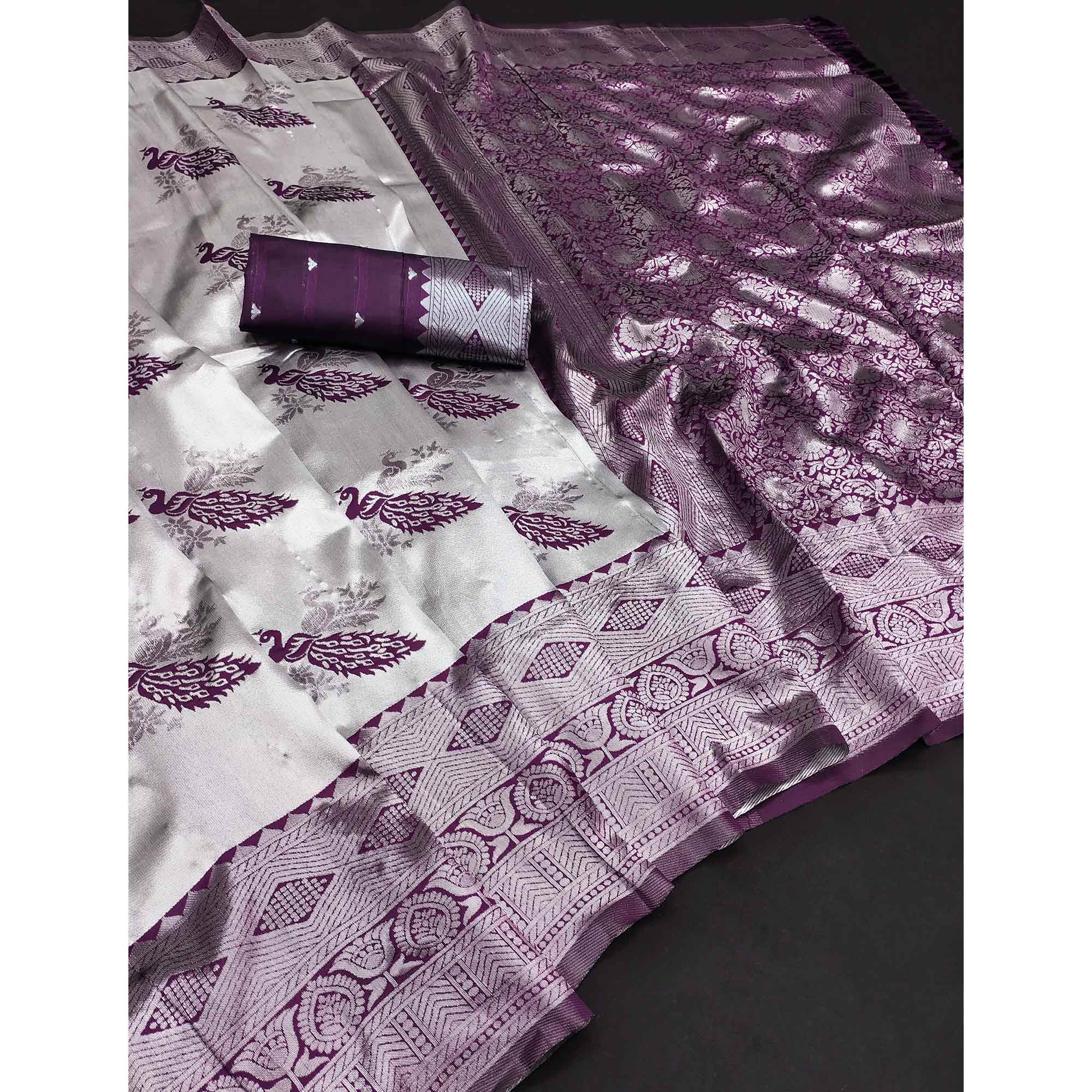 Grey Banarasi Silk Saree Featuring Zari Weaving Peacock Pattern & Luxe Tassels