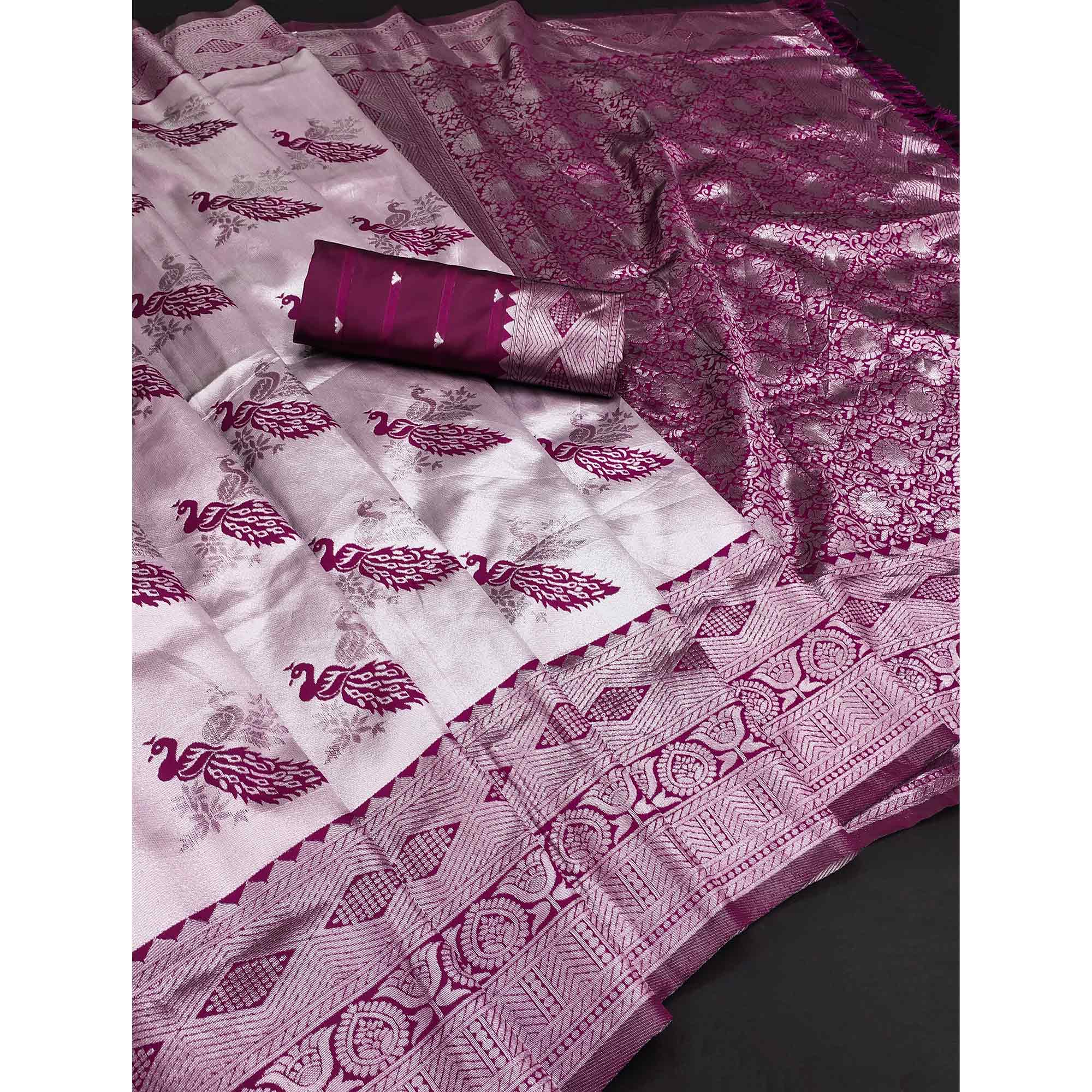 Light Purple Banarasi Silk Saree Featuring Zari Weaving Peacock Pattern & Luxe Tassels