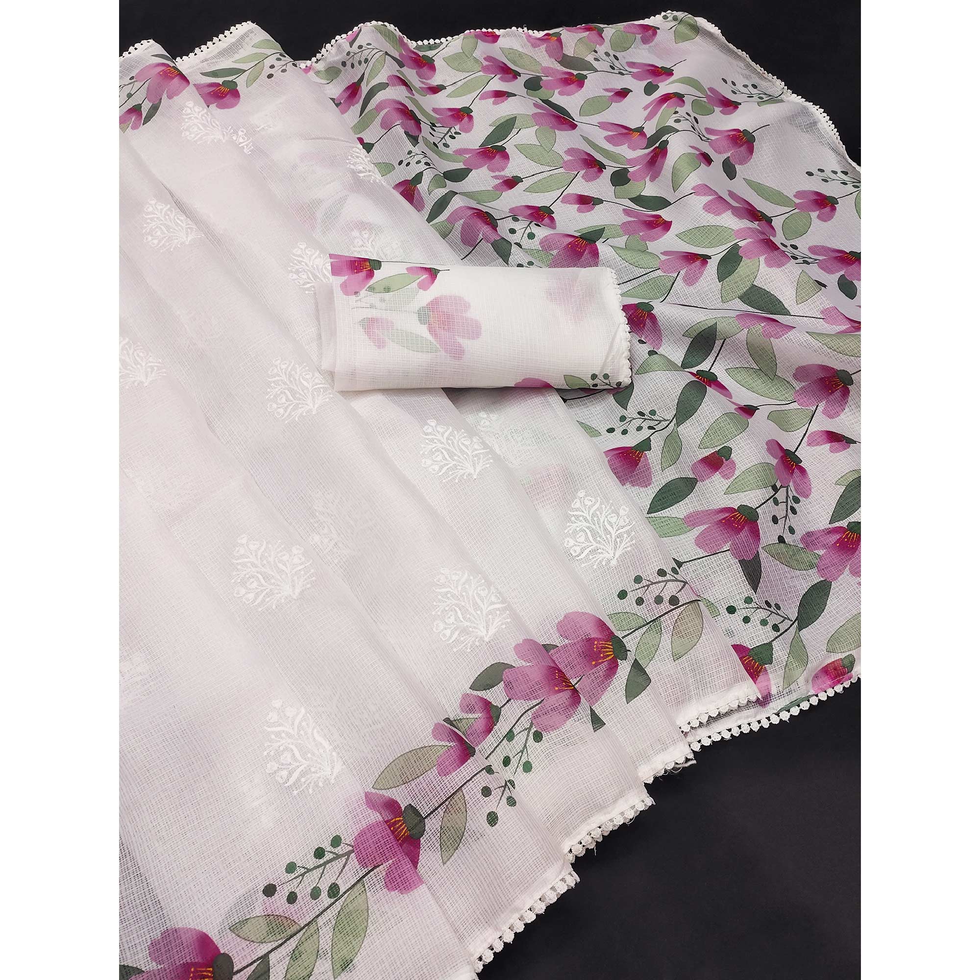 Elegant White Floral Printed Kota Doria Saree with Embroidered Detailing