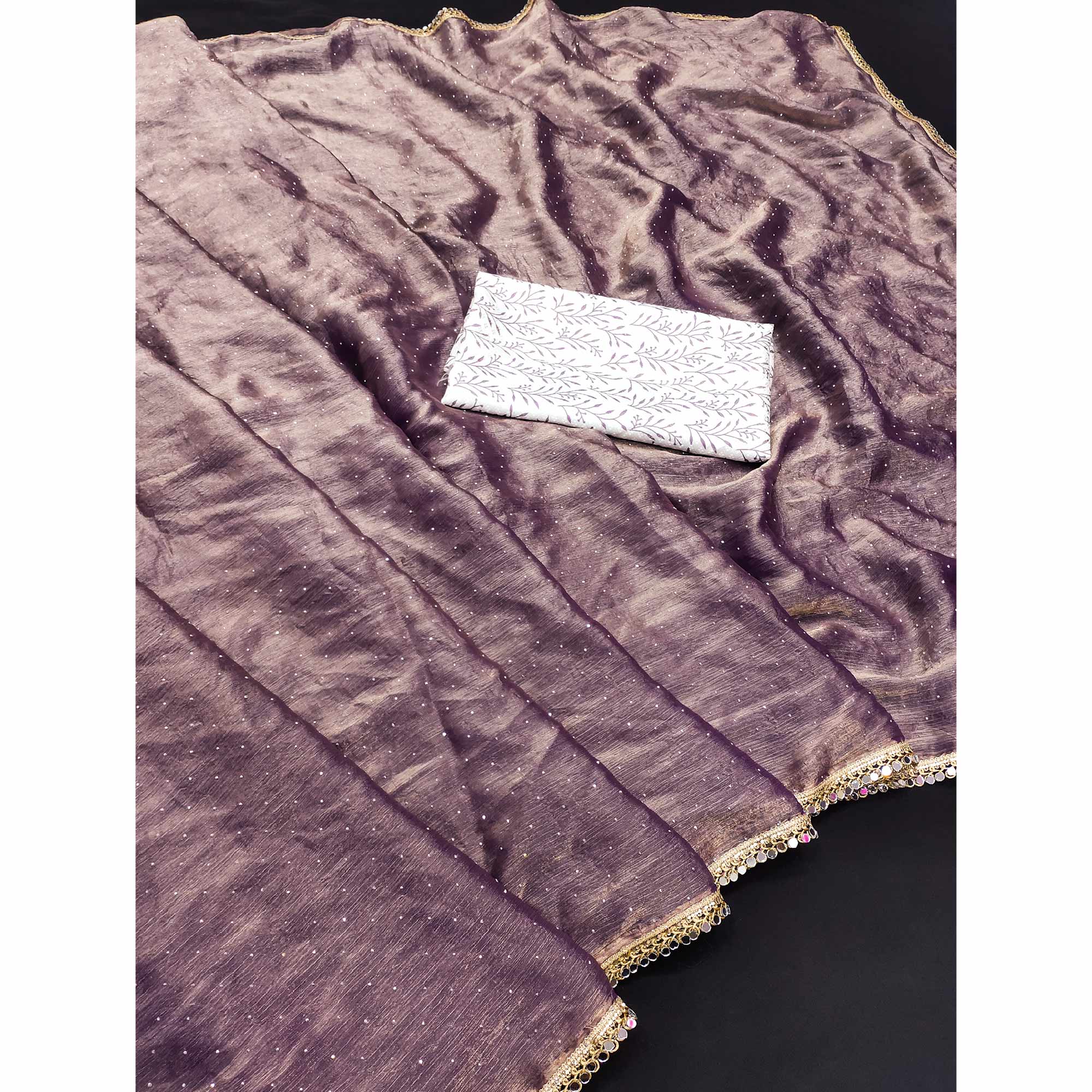 Muted Purple Organza Saree with Stone Embellishments and Mirror Trim