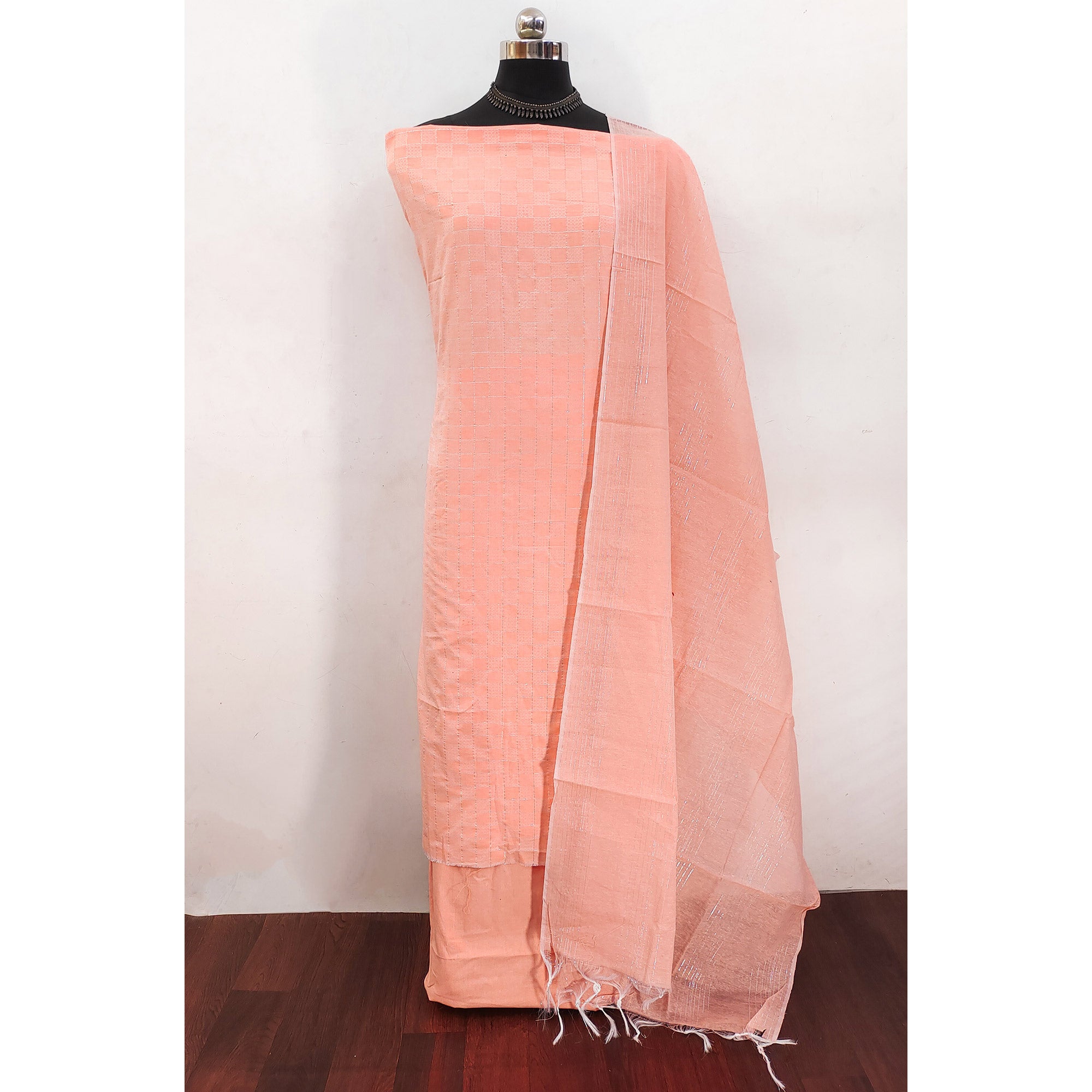 Soft and Breathable Pure Cotton Dress Material in Peach with Timeless Checkered Design