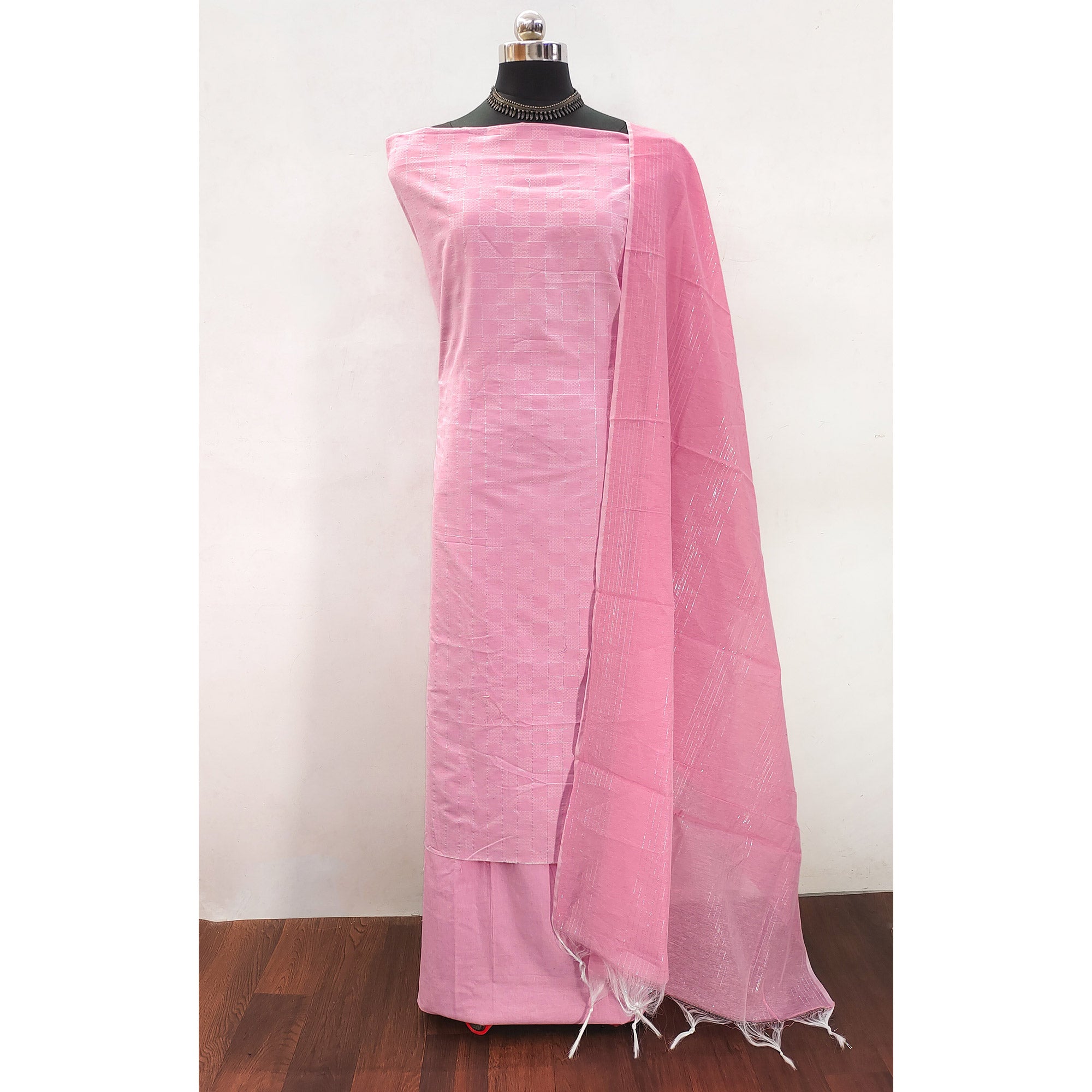 Soft and Breathable Pure Cotton Dress Material in Pink with Timeless Checkered Design