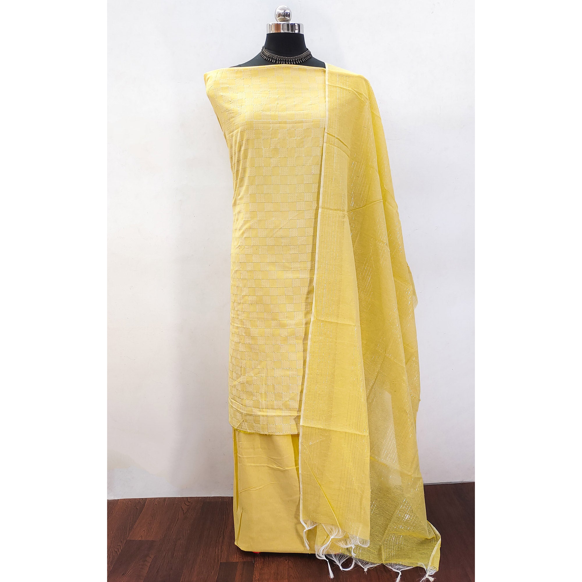 Soft and Breathable Pure Cotton Dress Material in Yellow with Timeless Checkered Design