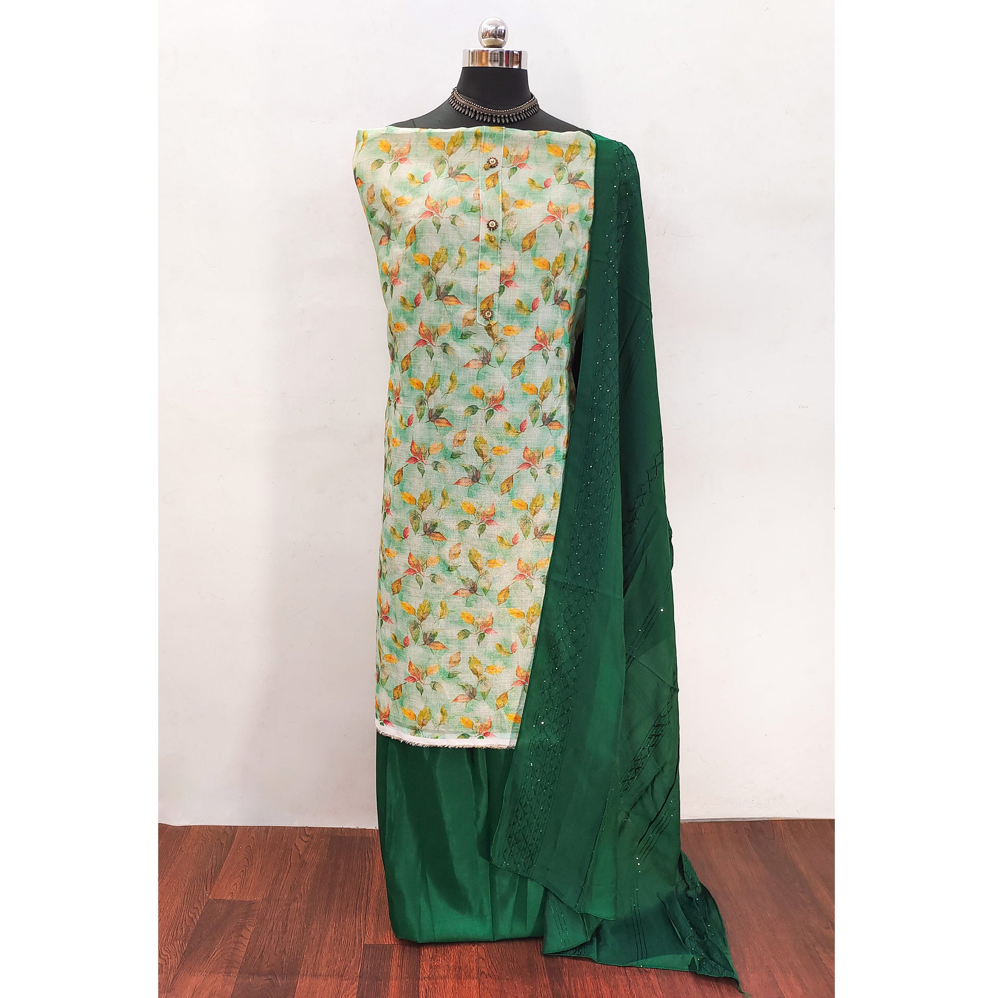 Light Green Linen Dress Material with Floral Prints for Everyday Elegance