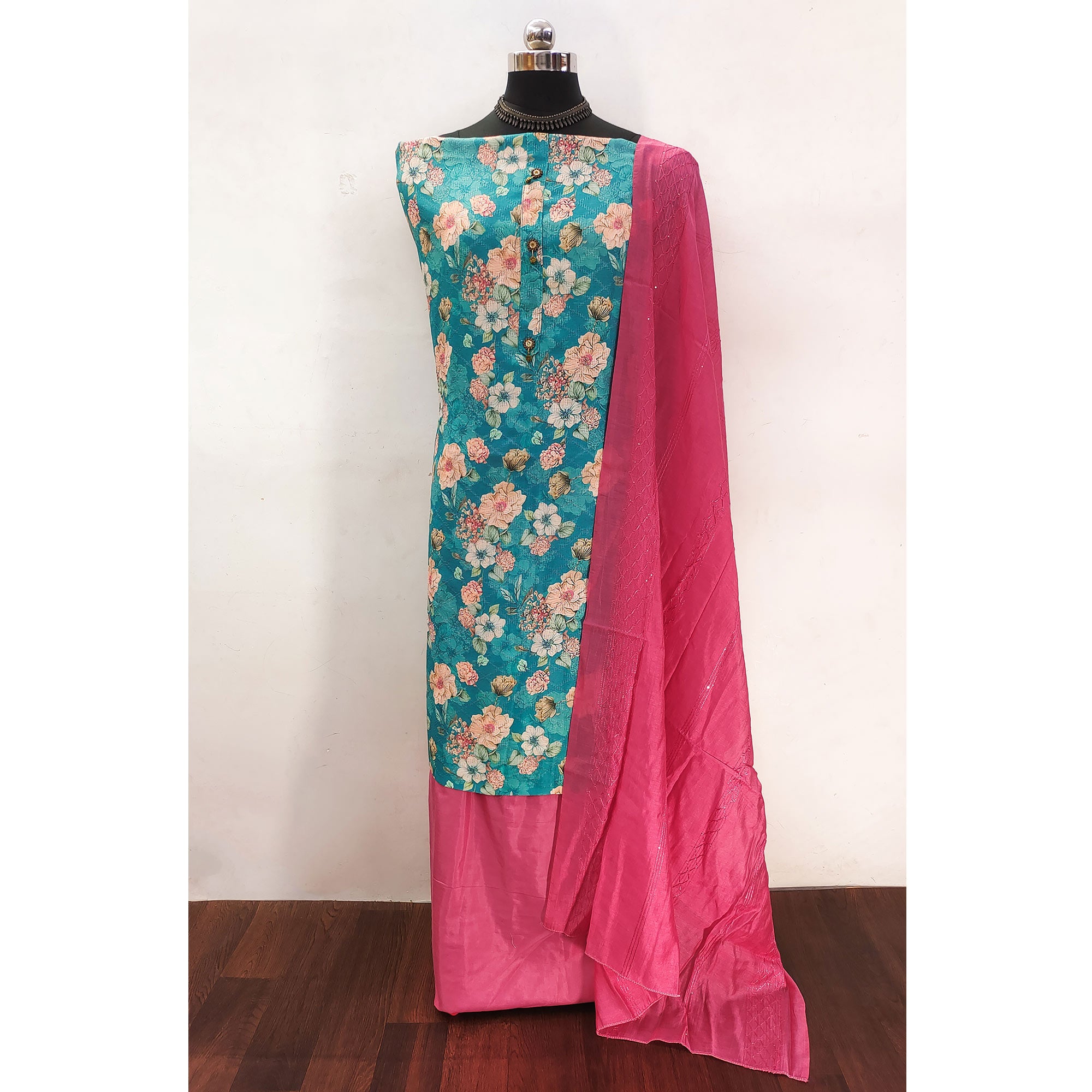 Teal Linen Dress Material with Floral Prints for Everyday Elegance
