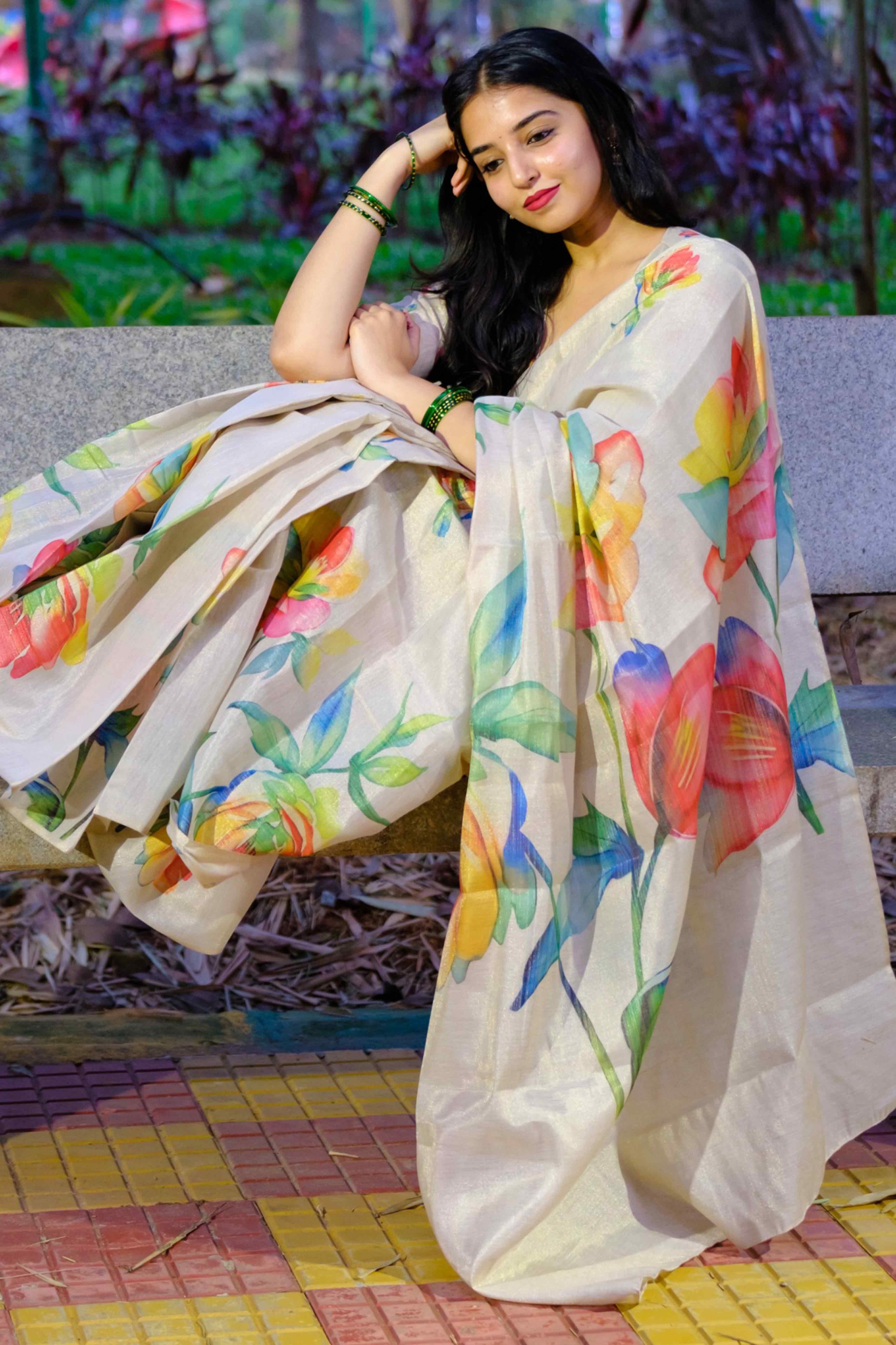 Beige Art Silk Saree Featuring Graceful Floral Motifs