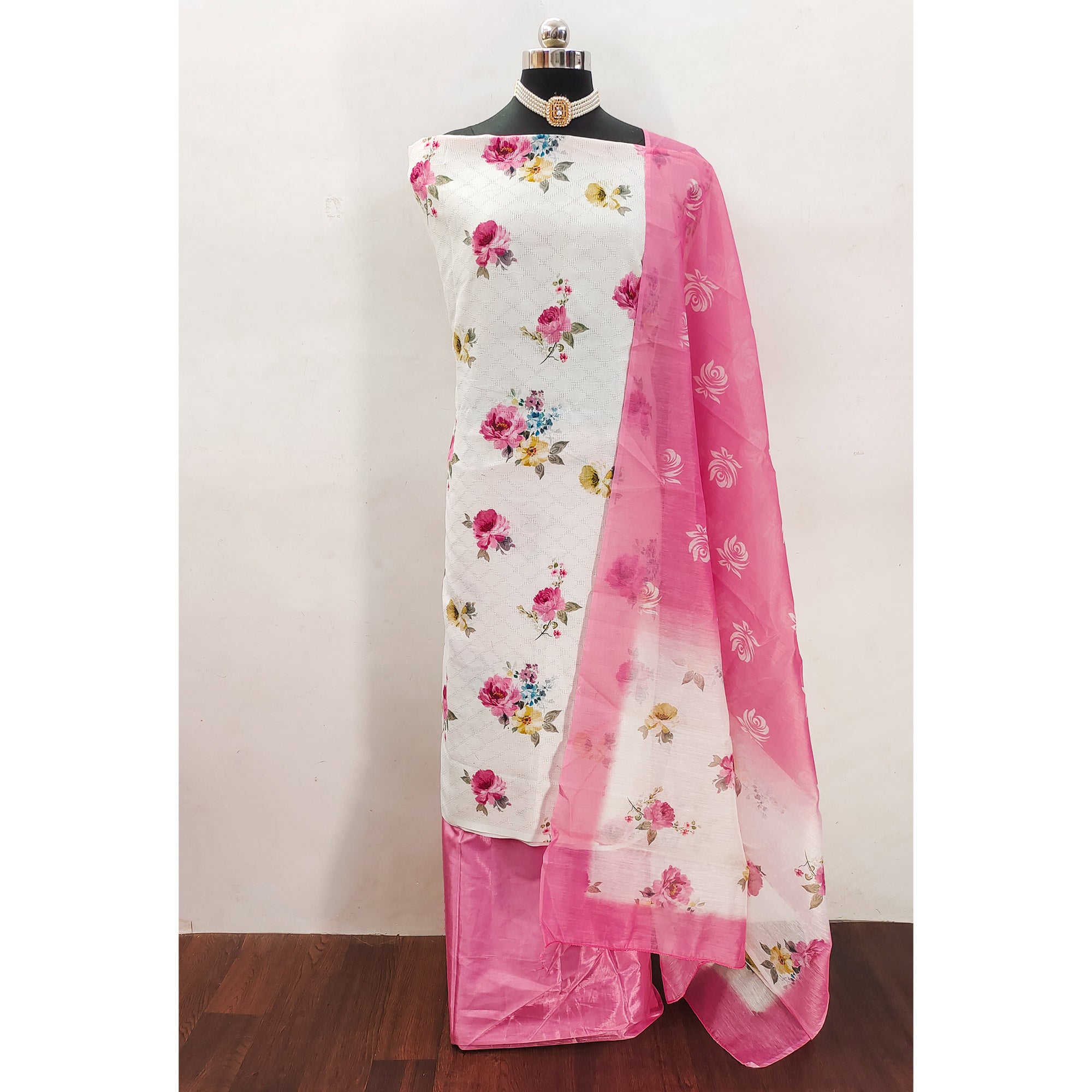 White Poly Cotton Blend Dress Material With Glimmering Floral Print