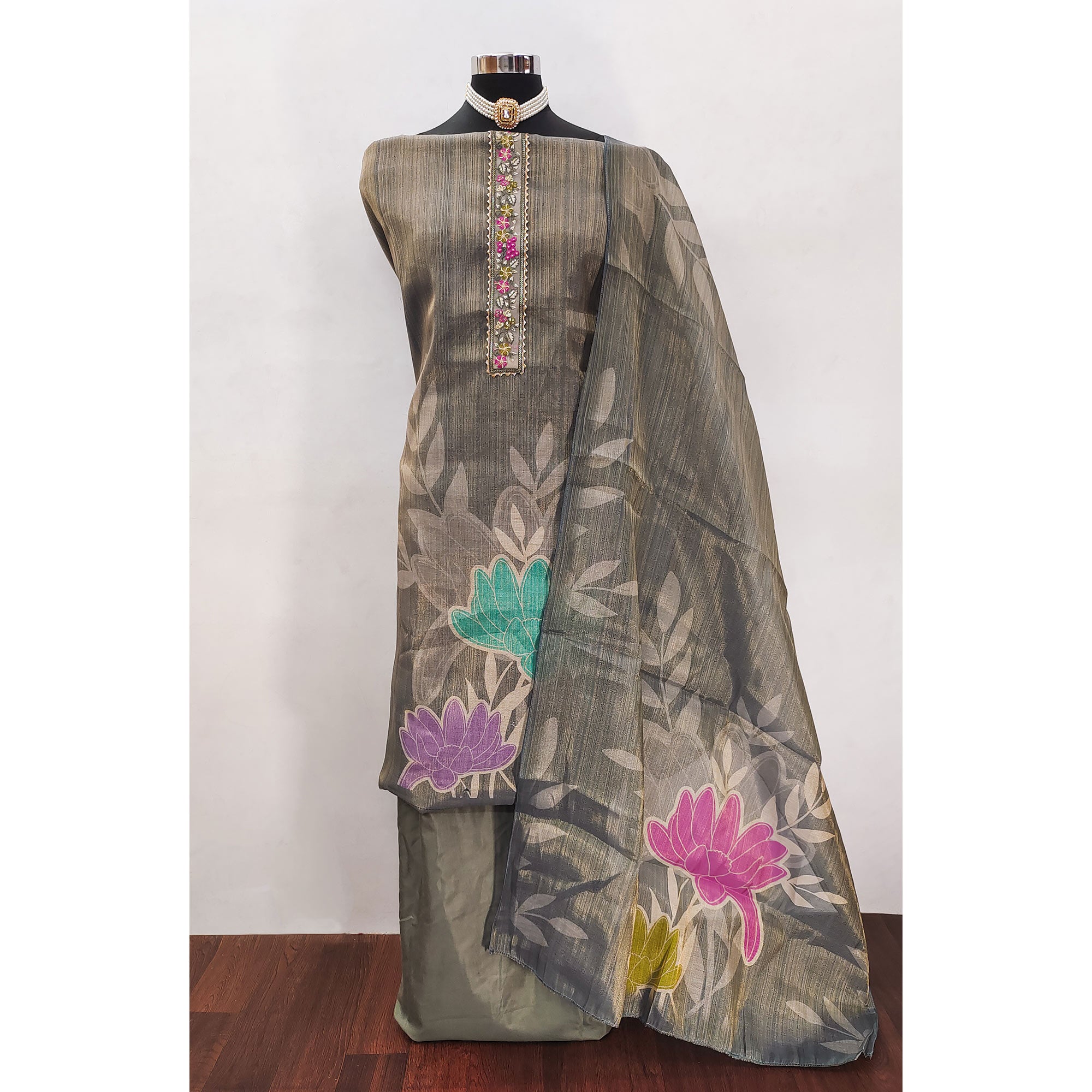 Grey Art Silk Dress Material Adorned with Soft Floral Prints for a Regal Ethnic Touch