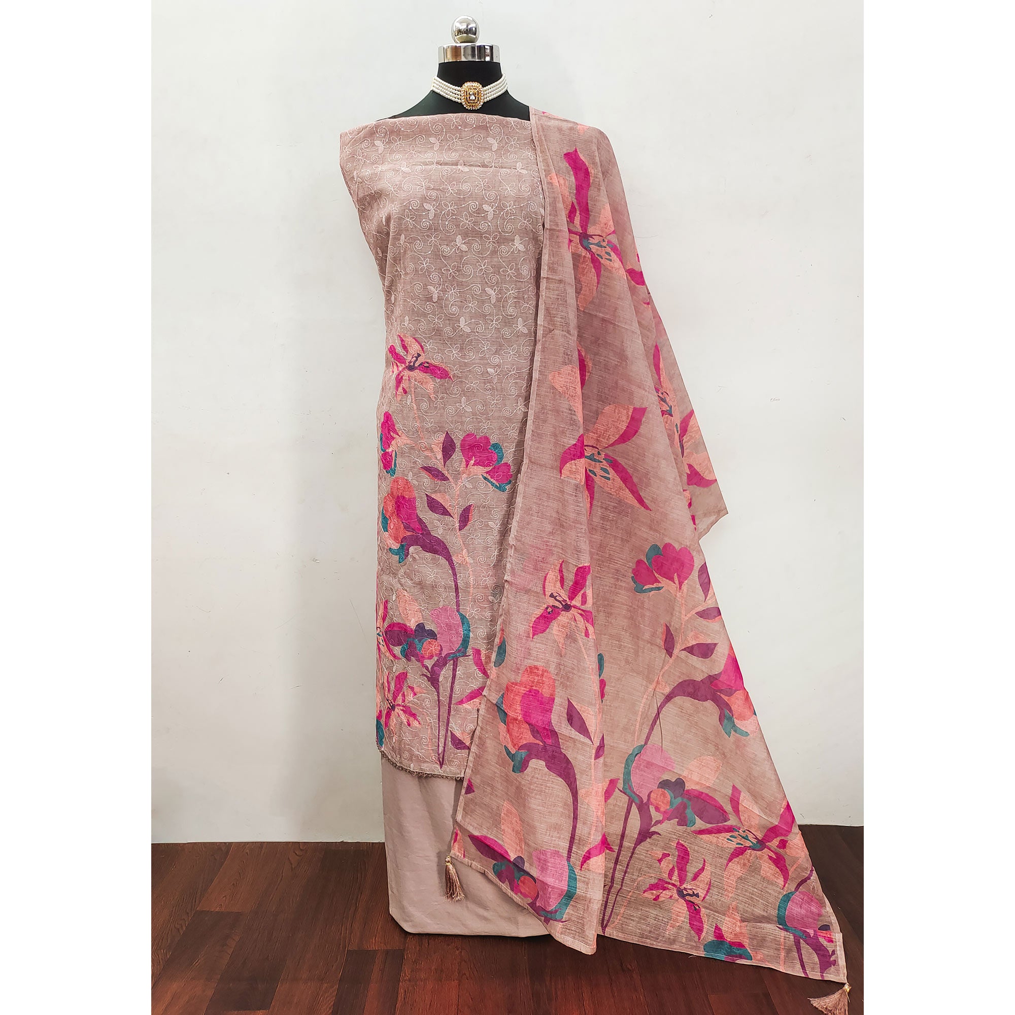 Brown Linen Dress Material Adorned with Artistic Floral Print and Elegant Thread Embroidery