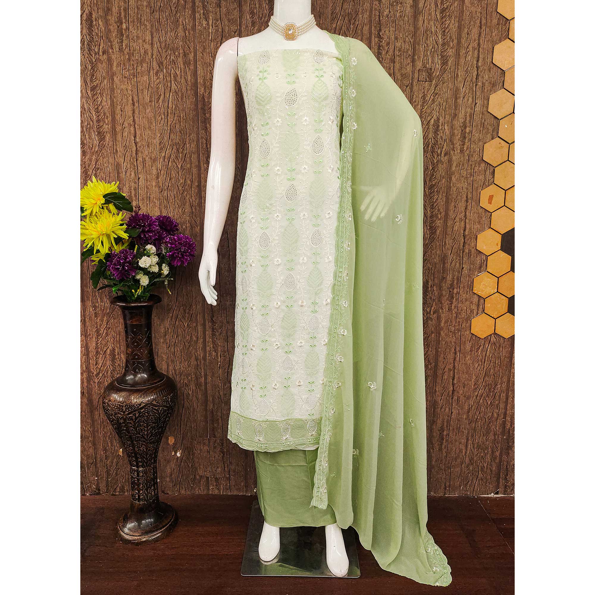 Premium Georgette Dress Material in Green & Cream with Refined Floral Embroidery