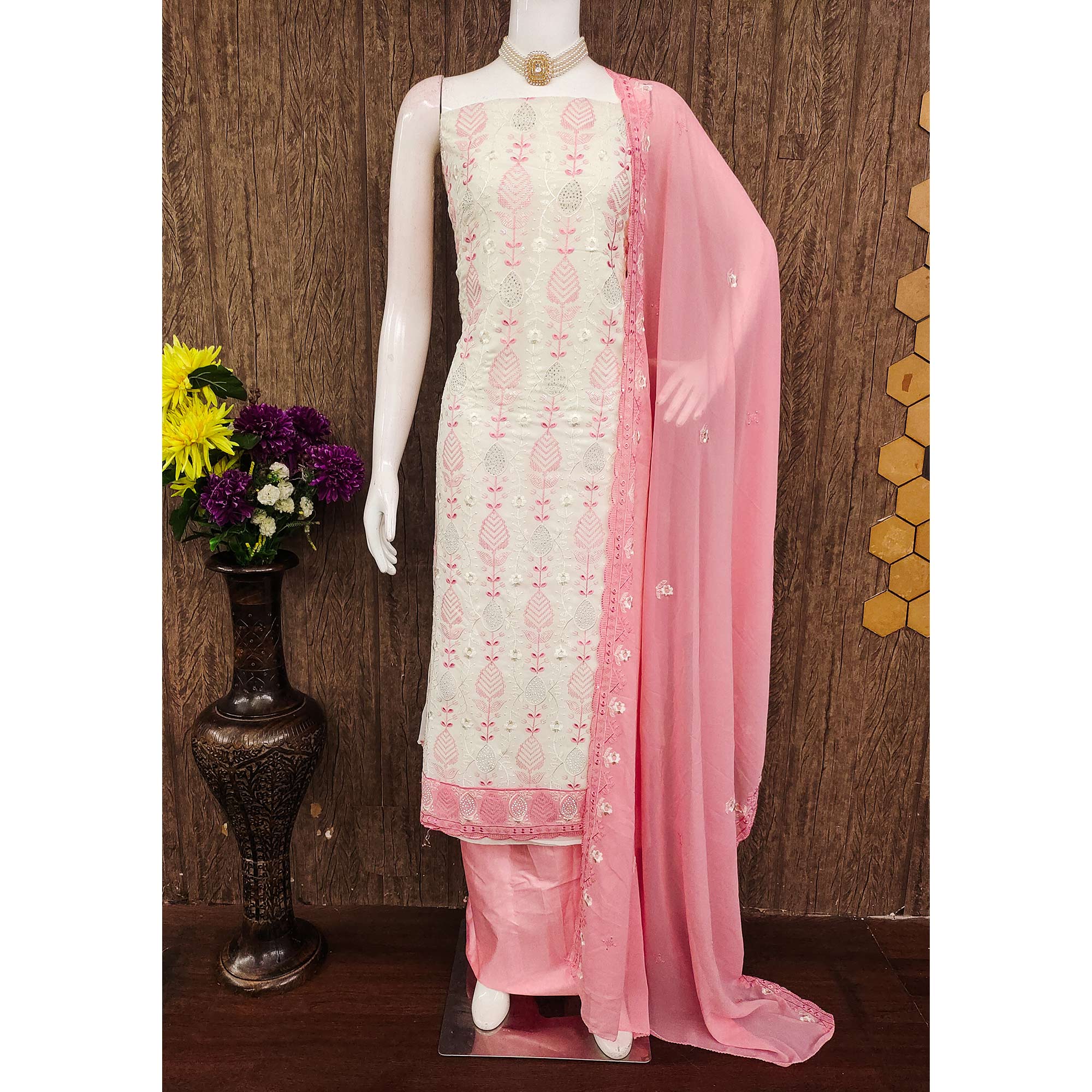 Premium Georgette Dress Material in Pink & Cream with Refined Floral Embroidery