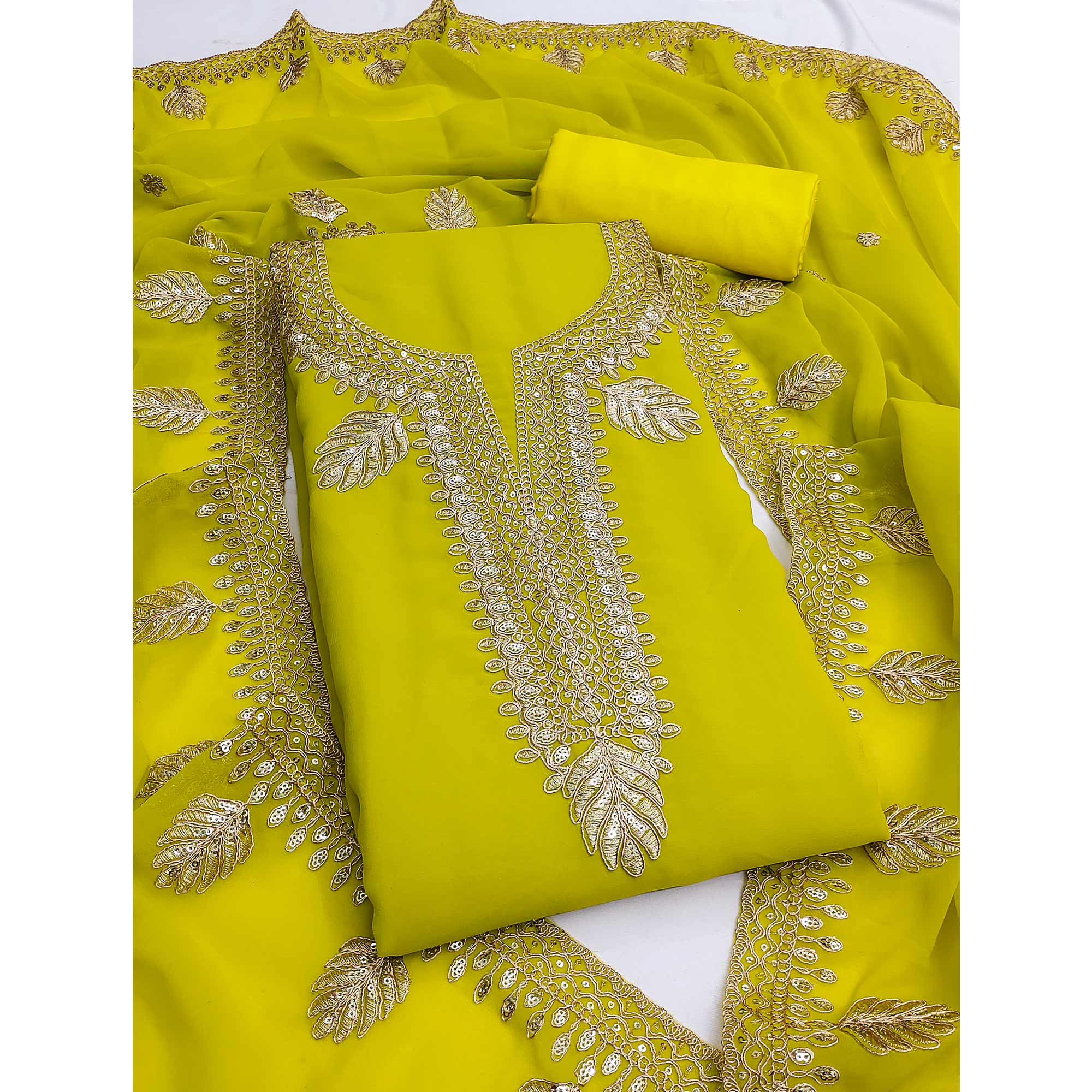 Lemon Green Ethnic Dress Material in Georgette with Embroidery