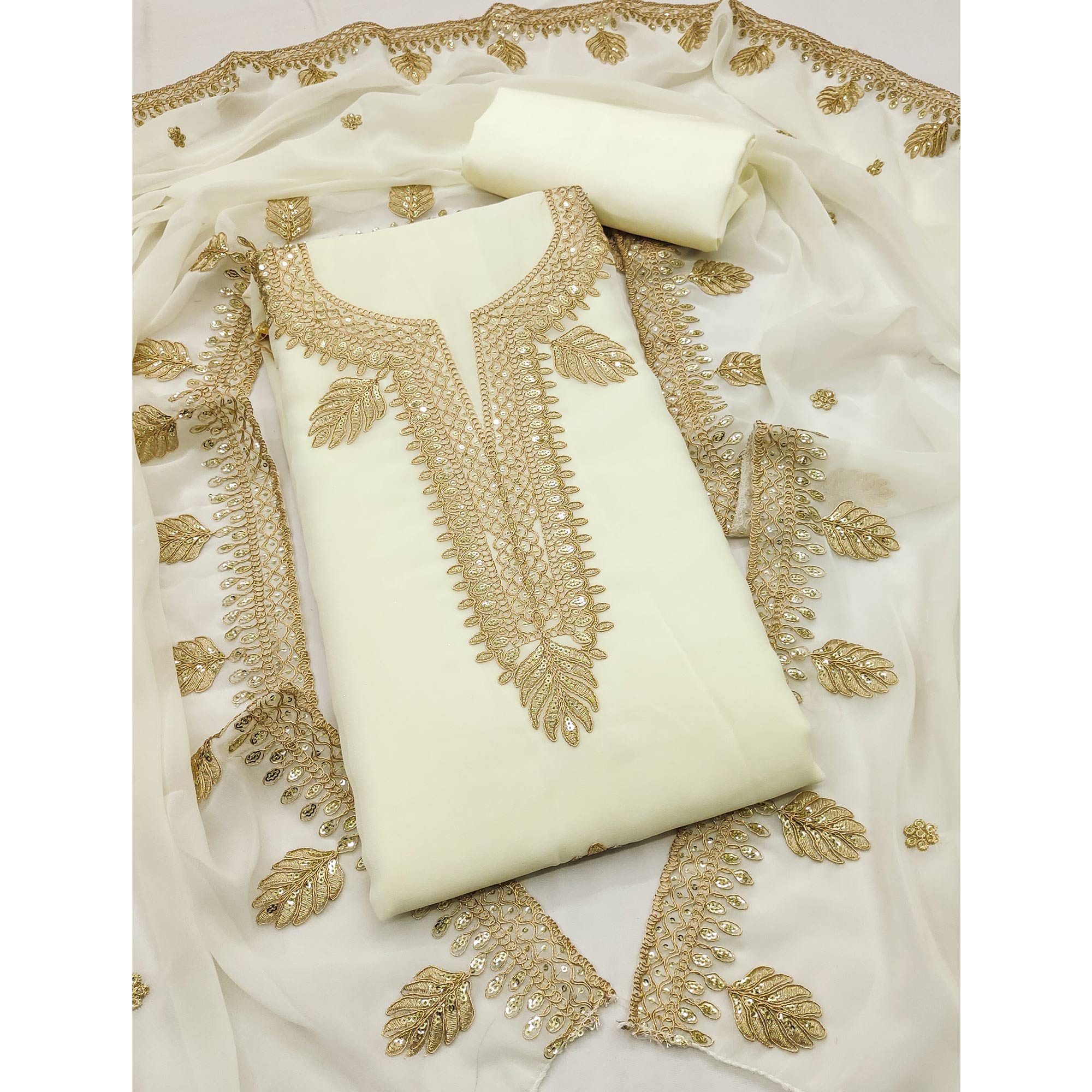 Off White Ethnic Dress Material in Georgette with Embroidery