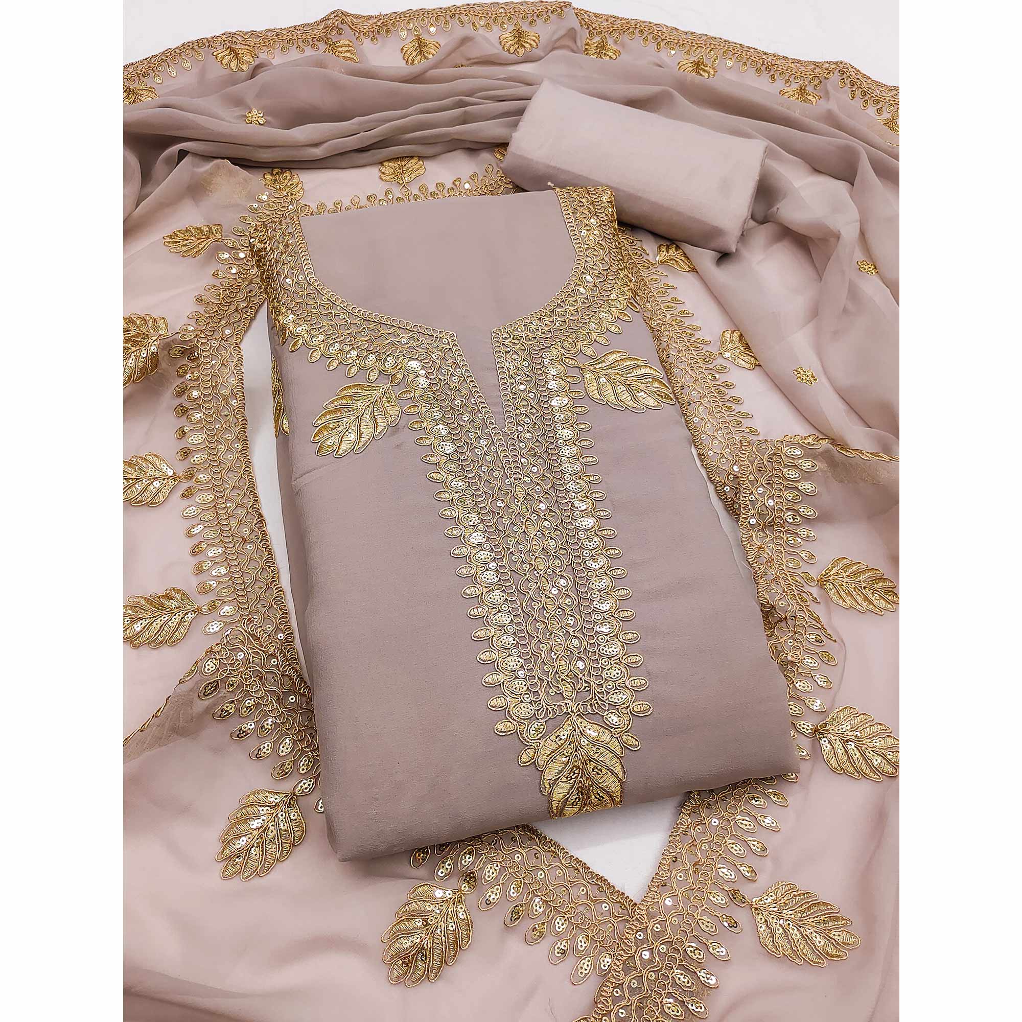 Taupe Beige Ethnic Dress Material in Georgette with Embroidery