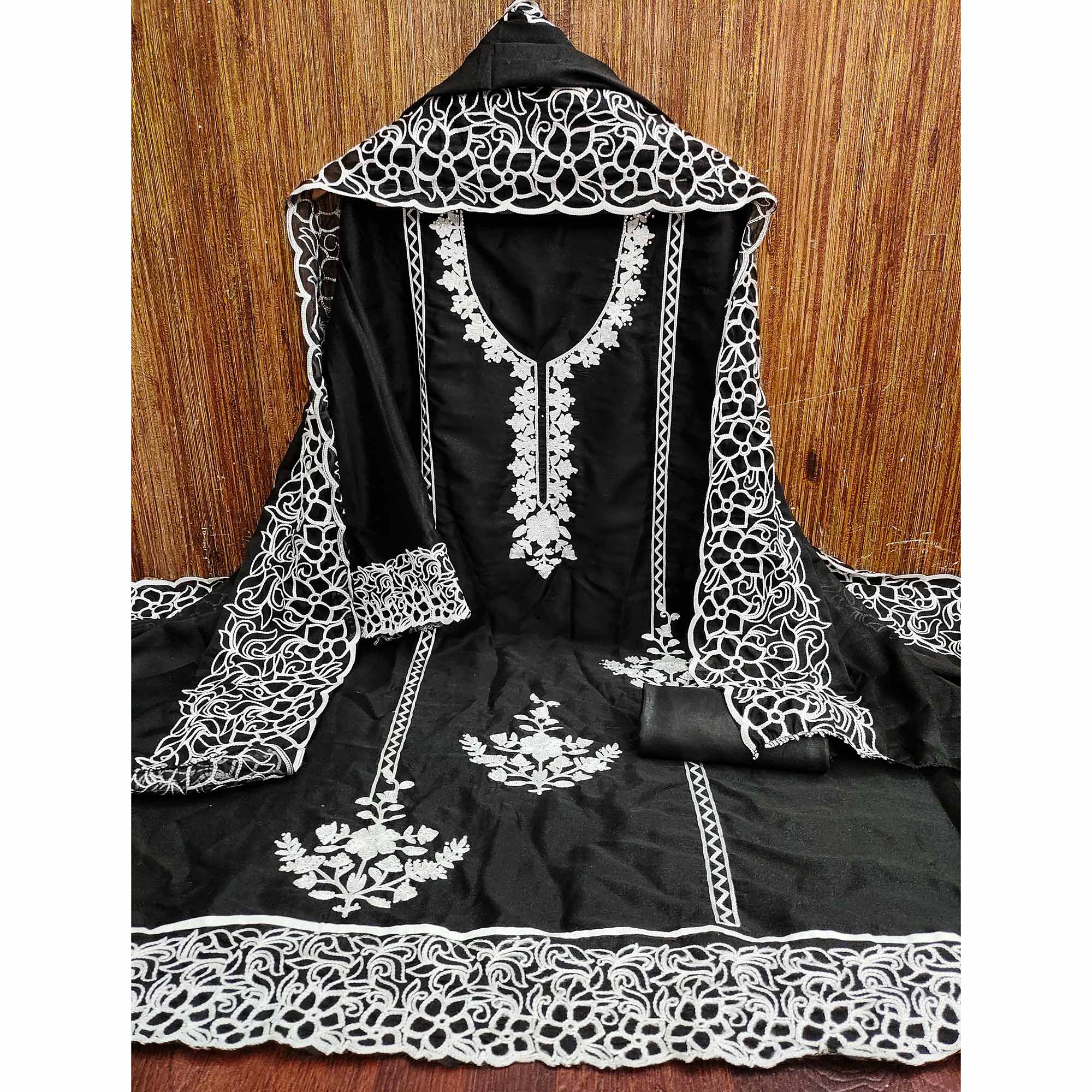 Black Unstitched Georgette Dress Material Featuring Thread Detailing