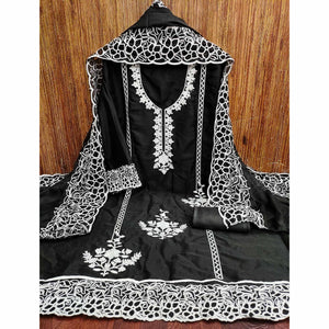 Black Unstitched Georgette Dress Material Featuring Thread Detailing